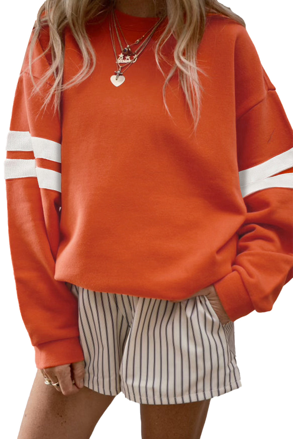 Orange Varsity Striped Detail Drop Shoulder Oversized Sweatshirt-Tops/Sweatshirts & Hoodies-[Adult]-[Female]-2022 Online Blue Zone Planet