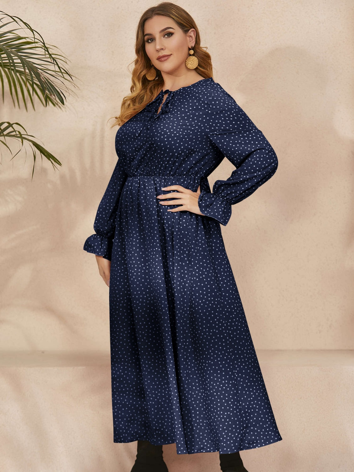 Plus Size Ruffled Polka Dot Long Sleeve Midi Dress-TOPS / DRESSES-[Adult]-[Female]-2022 Online Blue Zone Planet