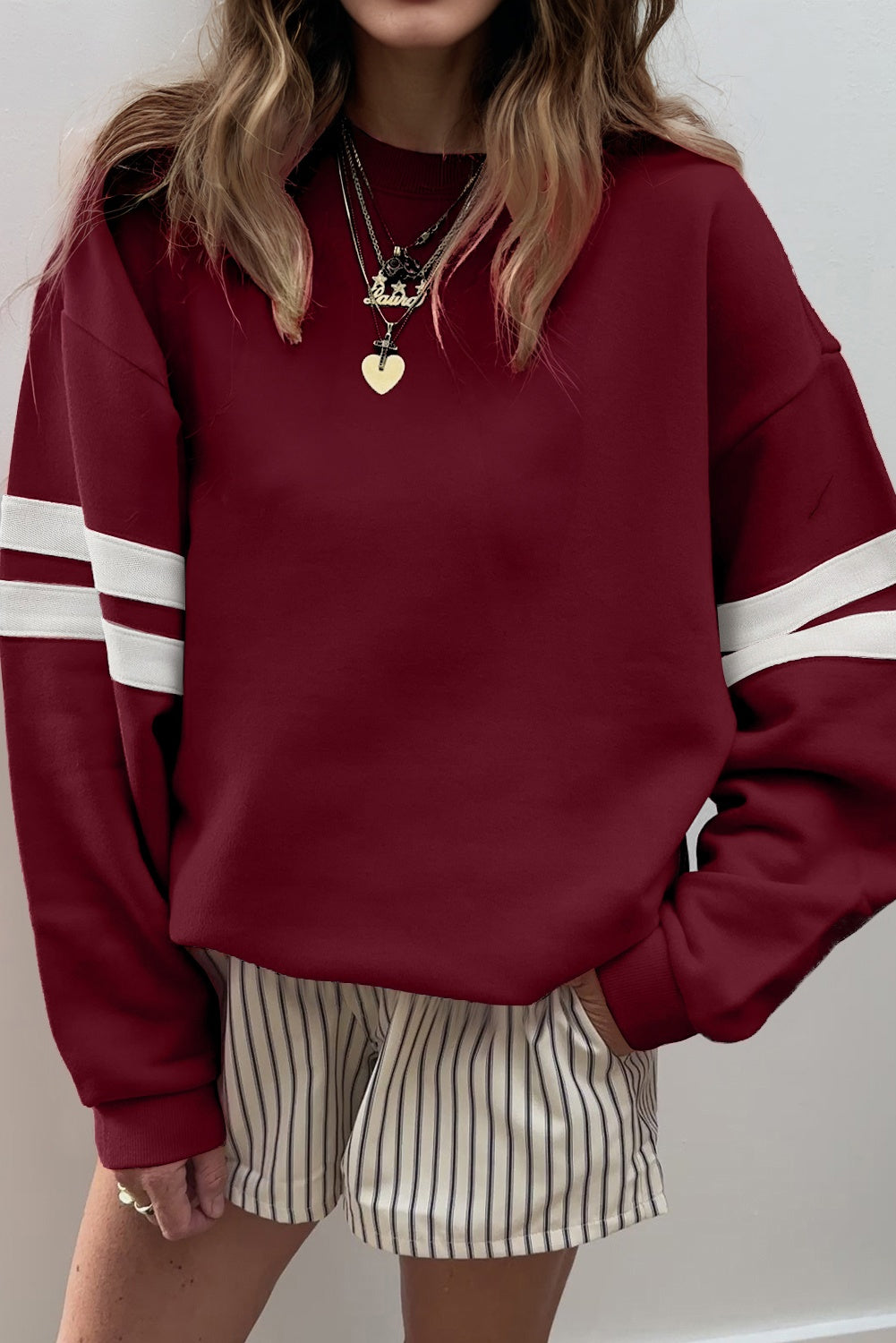Light French Beige Varsity Striped Detail Drop Shoulder Oversized Sweatshirt-Tops/Sweatshirts & Hoodies-[Adult]-[Female]-Red Dahlia-S-2022 Online Blue Zone Planet