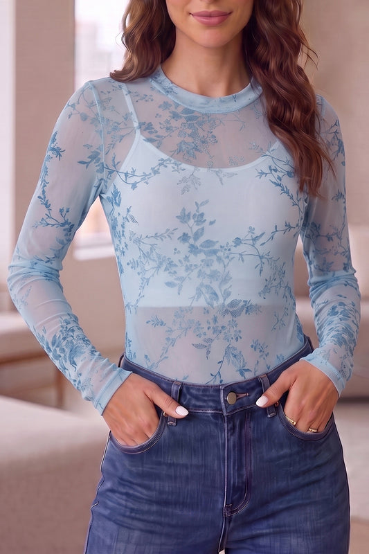 Sky Blue Sheer Mesh Floral Printed Mock Neck Long Sleeve Bodysuit-Tops/Bodysuits-[Adult]-[Female]-Sky Blue-S-2022 Online Blue Zone Planet