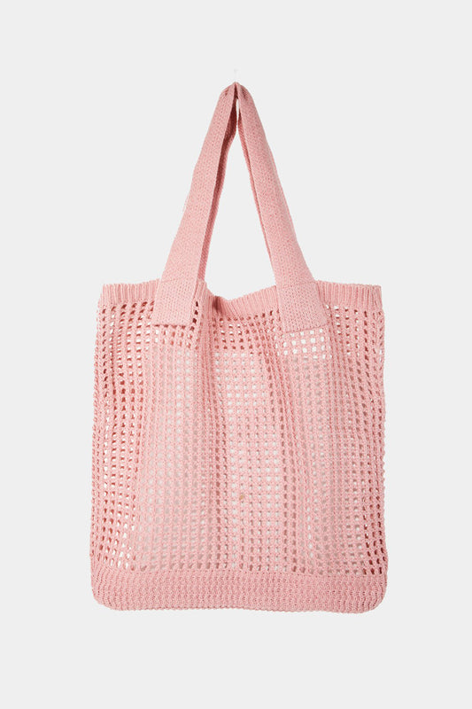 Blue Zone Planet | Fame Pointelle Knit Crochet Tote Bag-HANDBAGS-[Adult]-[Female]-PK-One Size-2022 Online Blue Zone Planet