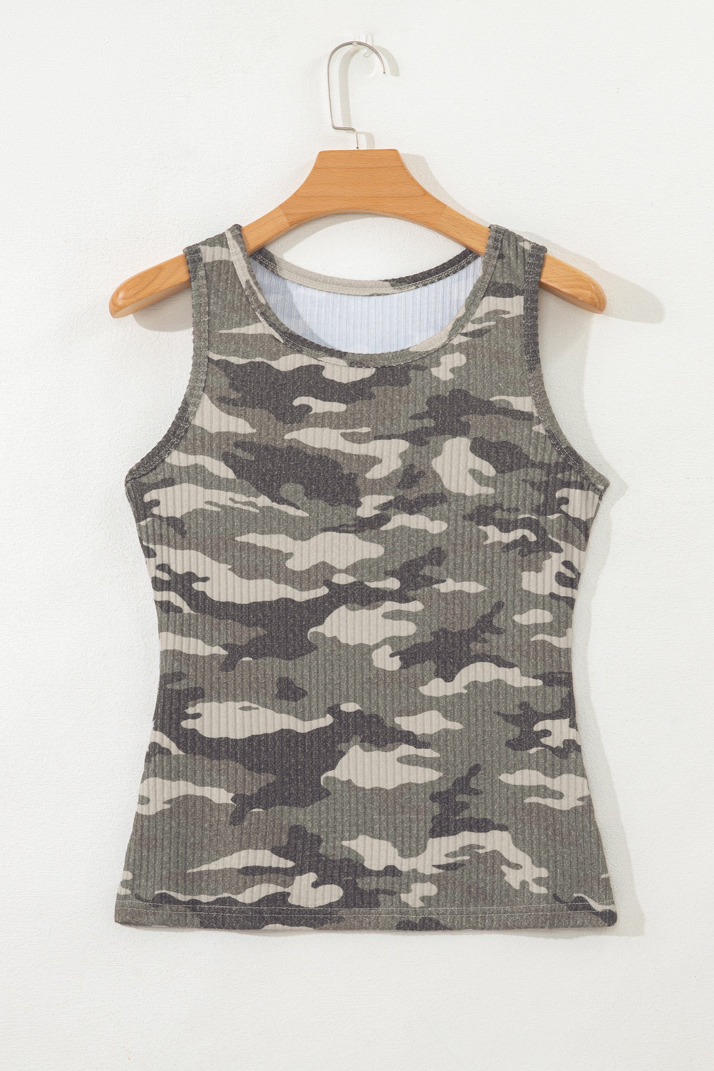 Green Camouflage Print Ribbed Knit Round Neck Tank Top-Tops/Tank Tops-[Adult]-[Female]-2022 Online Blue Zone Planet