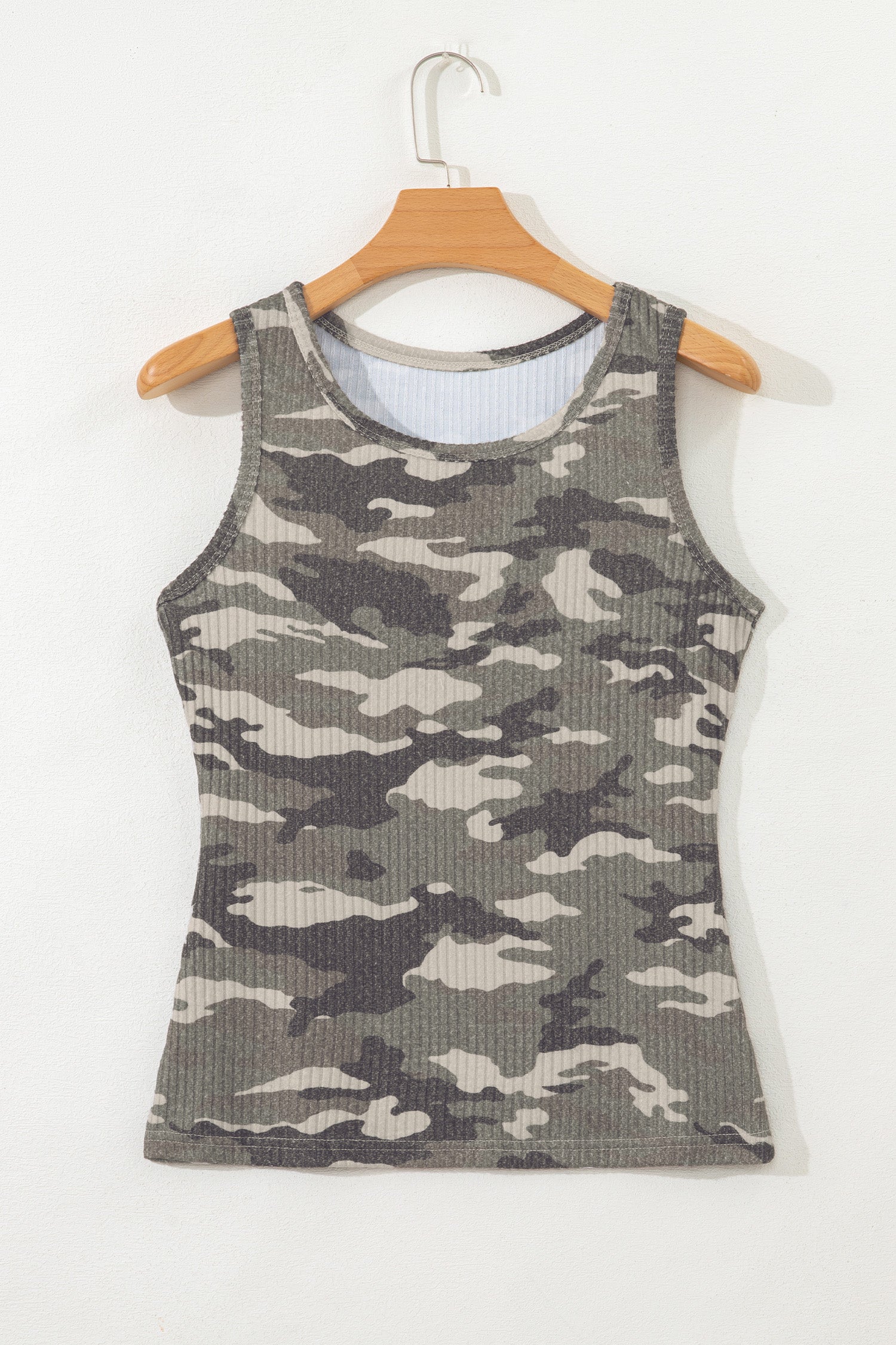 Green Camouflage Print Ribbed Knit Round Neck Tank Top-Tops/Tank Tops-[Adult]-[Female]-2022 Online Blue Zone Planet