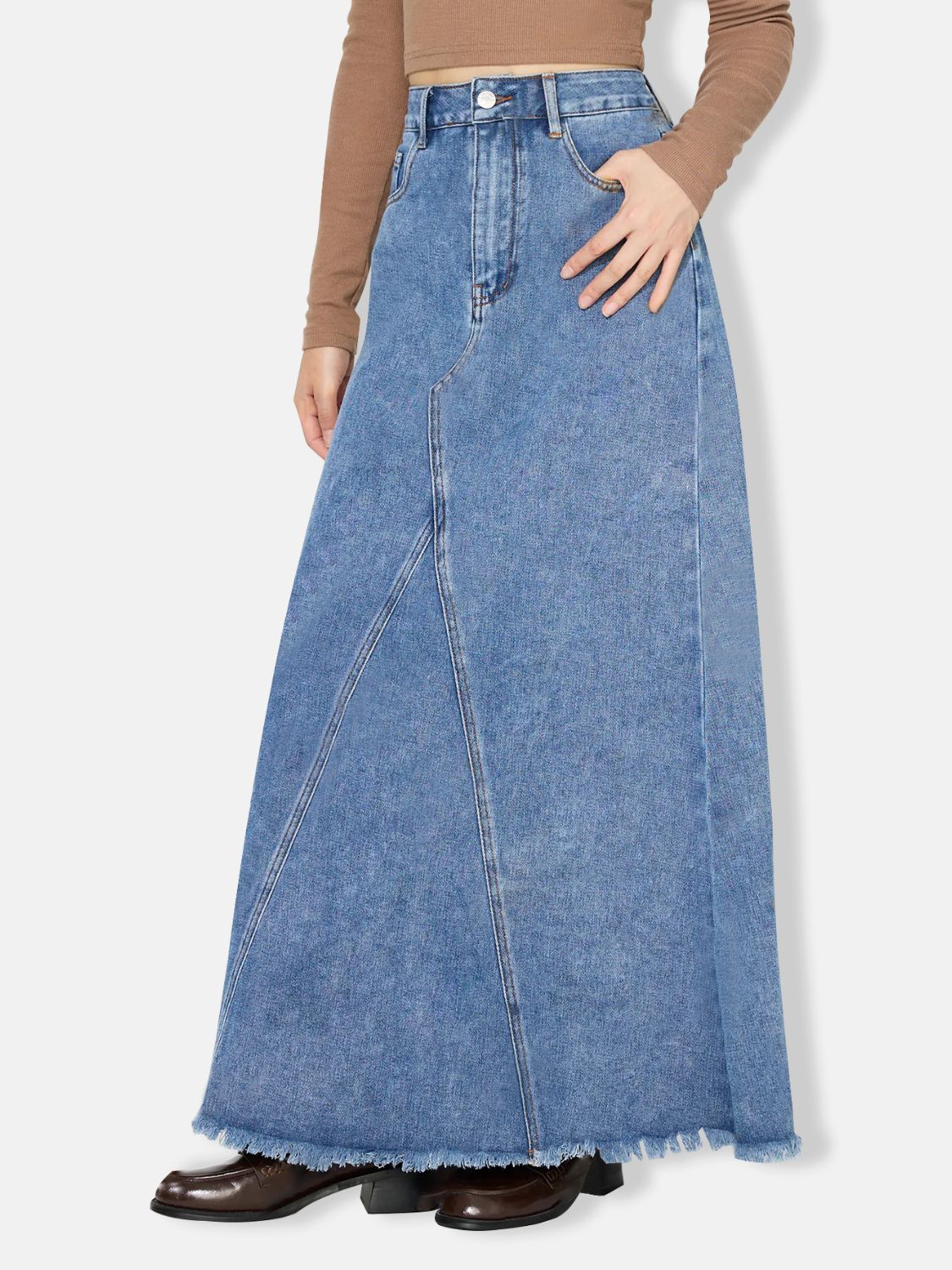 Blue Zone Planet | Raw Hem Maxi Denim Skirt-BOTTOM SIZES SMALL MEDIUM LARGE-[Adult]-[Female]-2022 Online Blue Zone Planet