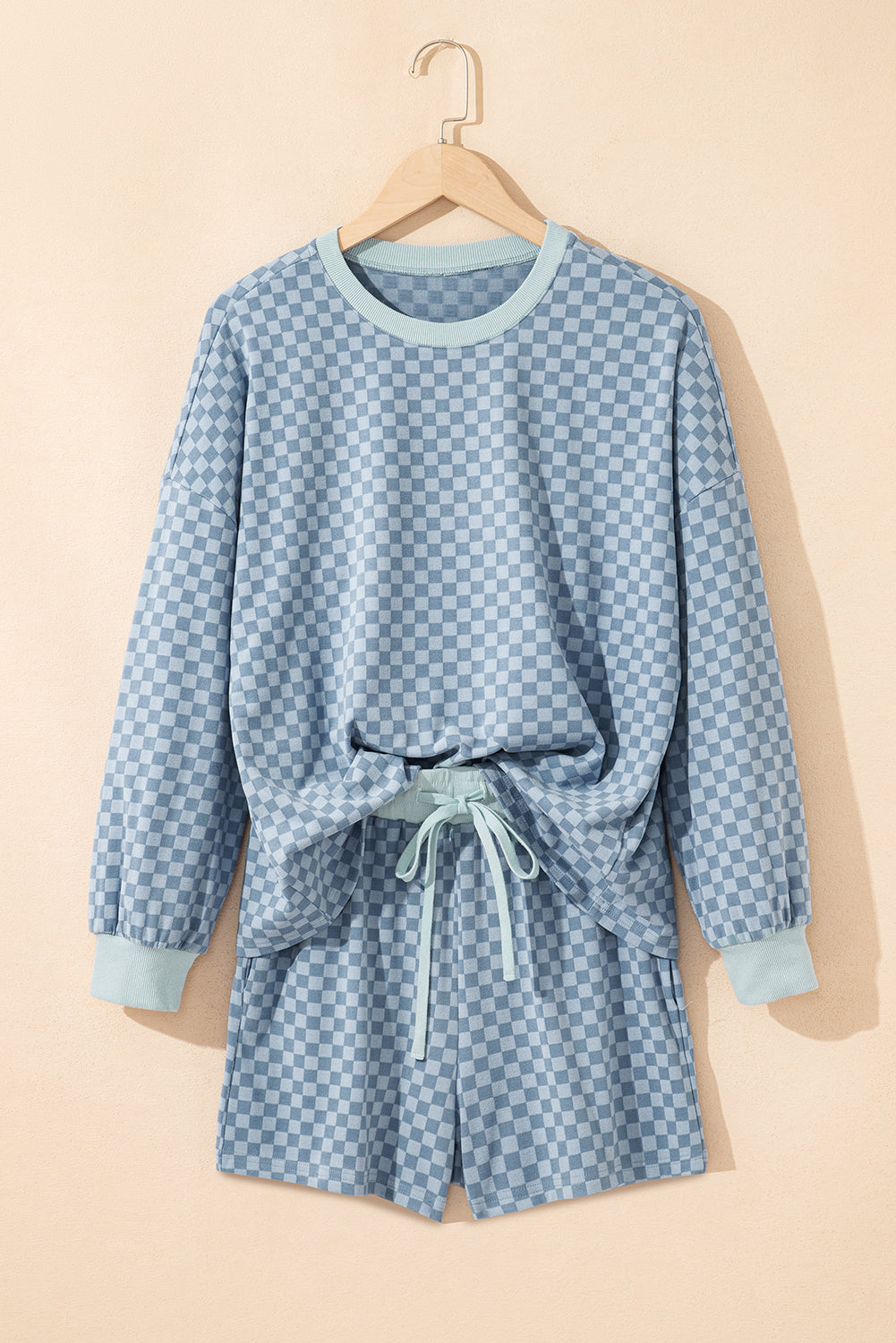 Sky Blue Checkerboard Long Sleeve Pullover and Shorts Set-Two Piece Sets/Short Sets-[Adult]-[Female]-2022 Online Blue Zone Planet