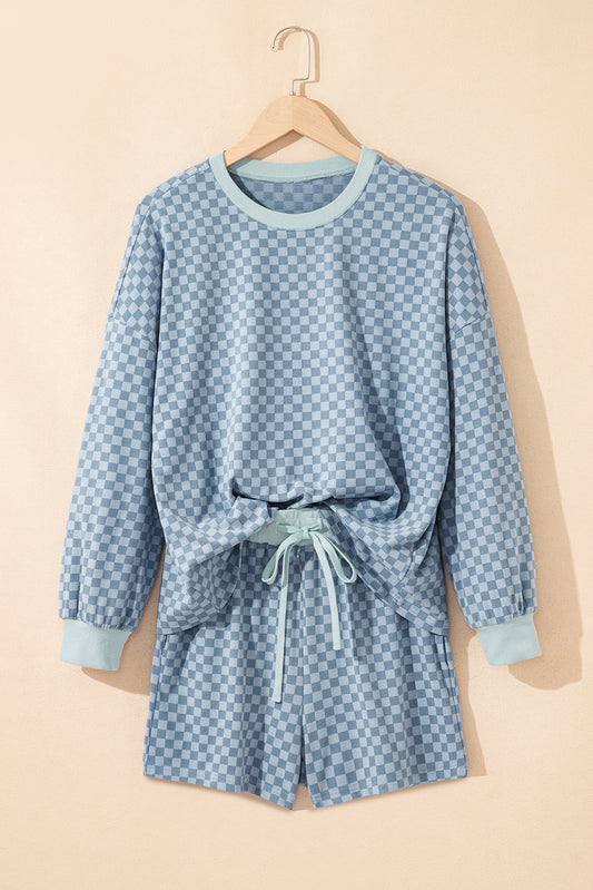 Sky Blue Checkerboard Long Sleeve Pullover and Shorts Set-Two Piece Sets/Short Sets-[Adult]-[Female]-2022 Online Blue Zone Planet