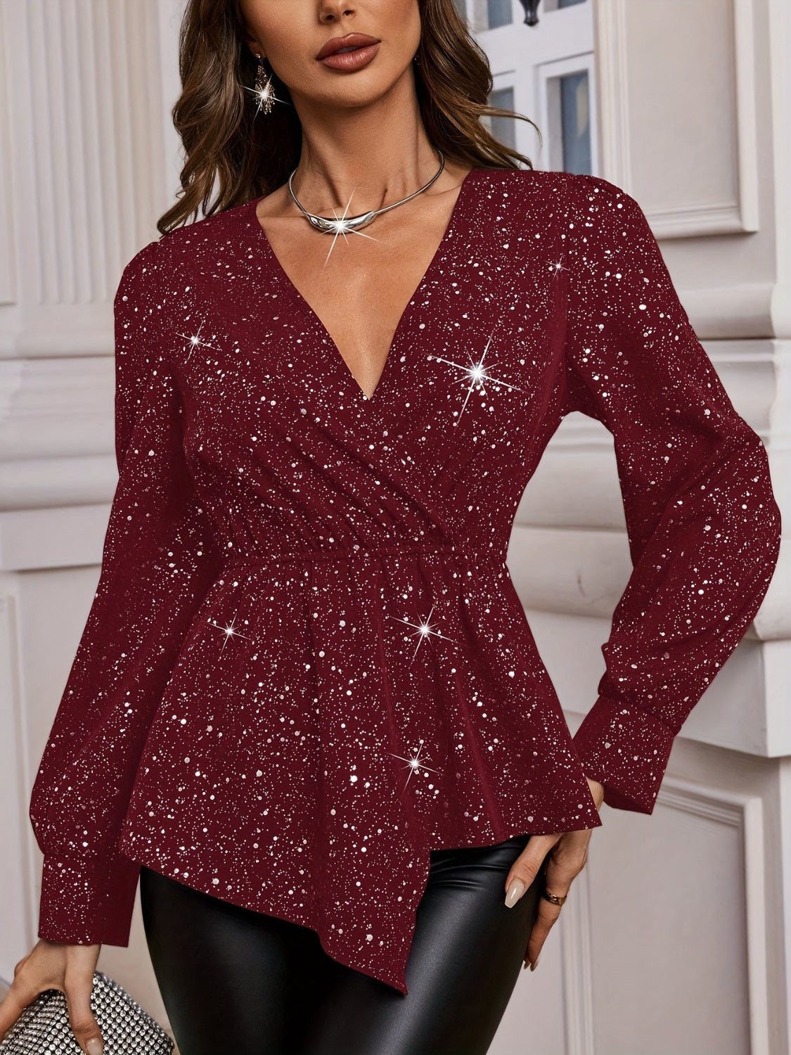 Blue Zone Planet | Asymmetrical Hem Surplice Long Sleeve Blouse-TOPS / DRESSES-[Adult]-[Female]-Burgundy-S-2022 Online Blue Zone Planet