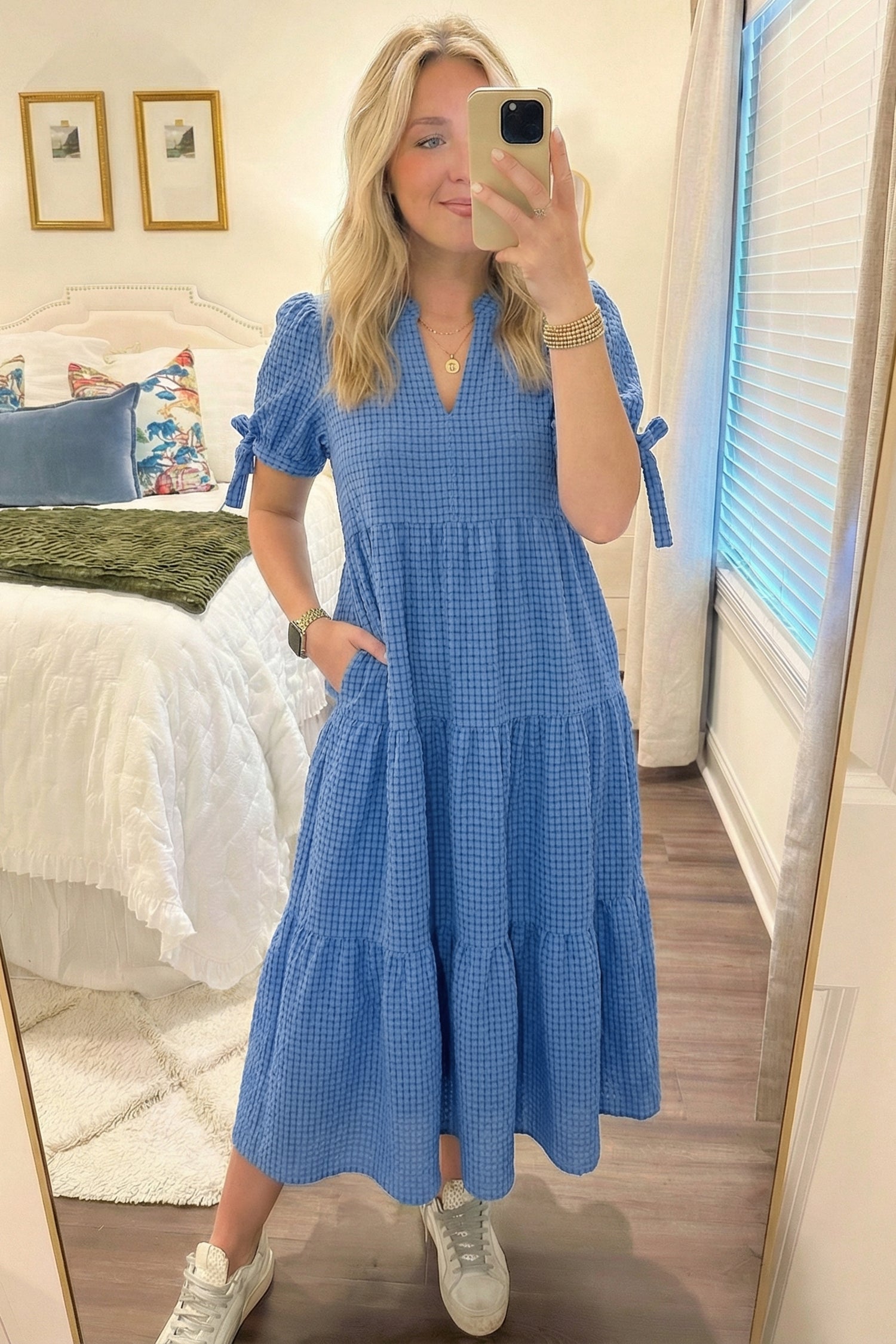 Dusk Blue Gingham Textured Bow Tie Short Sleeve Tiered Midi Dress-Dresses/Midi Dresses-[Adult]-[Female]-2022 Online Blue Zone Planet