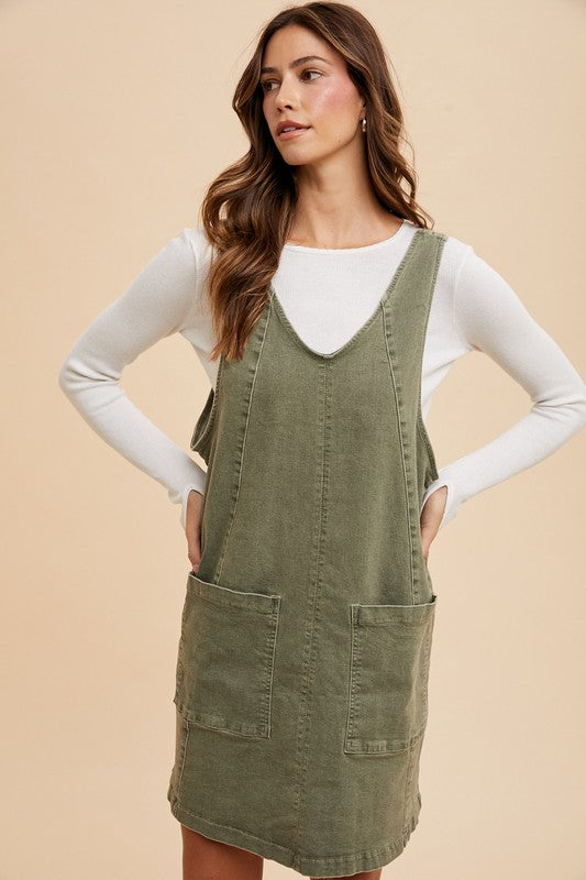 Annie Wear V-Neck Adjustable Strap Denim Overall Dress with Pockets-TOPS / DRESSES-[Adult]-[Female]-2022 Online Blue Zone Planet