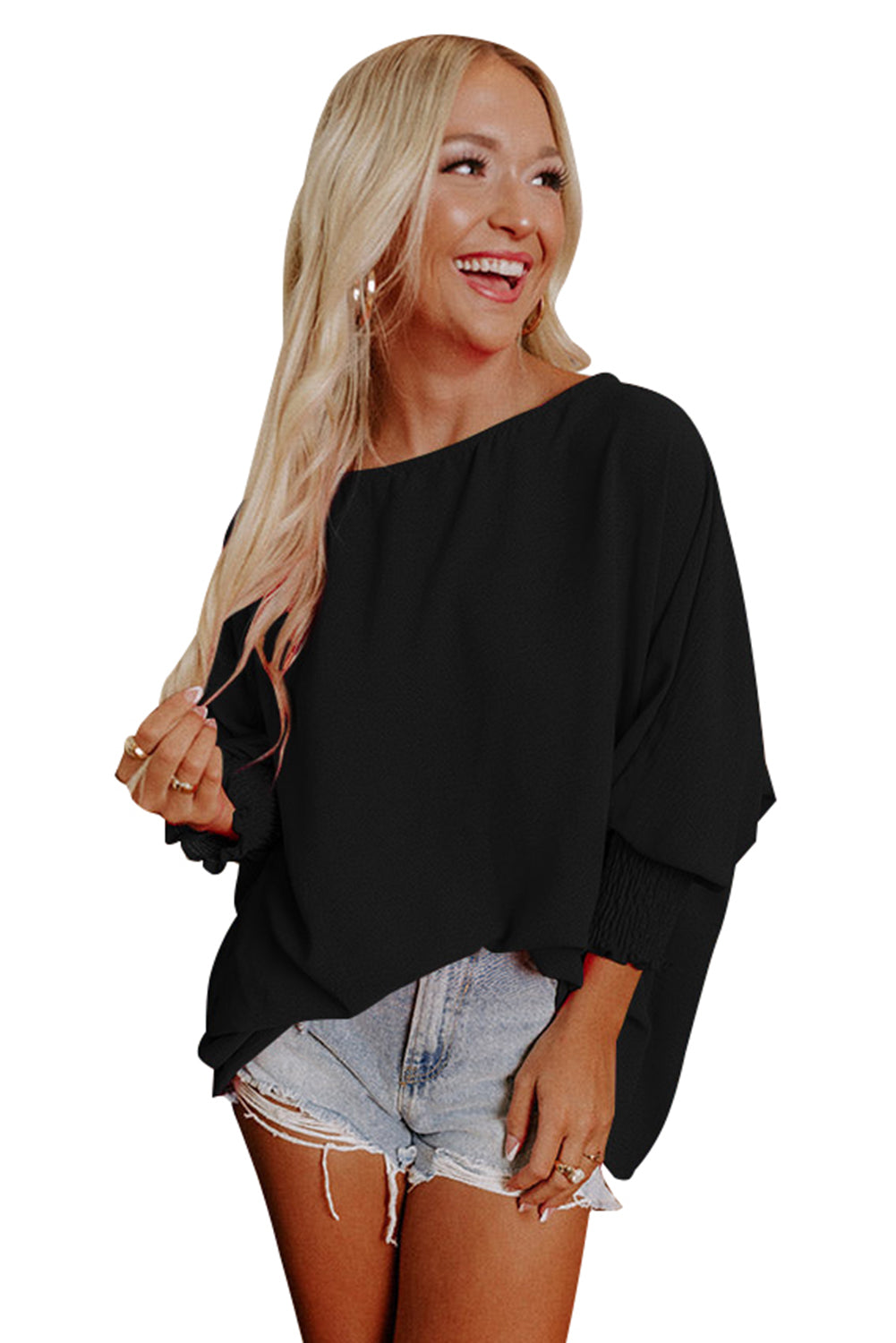 Black Plain Batwing Sleeve Business Casual Blouse for Women-Shirts & Blouses-[Adult]-[Female]-2022 Online Blue Zone Planet