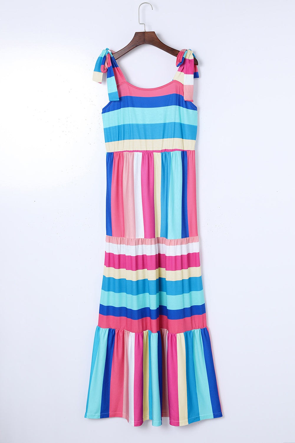 Multicolor Striped Print Bow Knot Straps Sleeveless Maxi Dress-Maxi Dresses-[Adult]-[Female]-2022 Online Blue Zone Planet