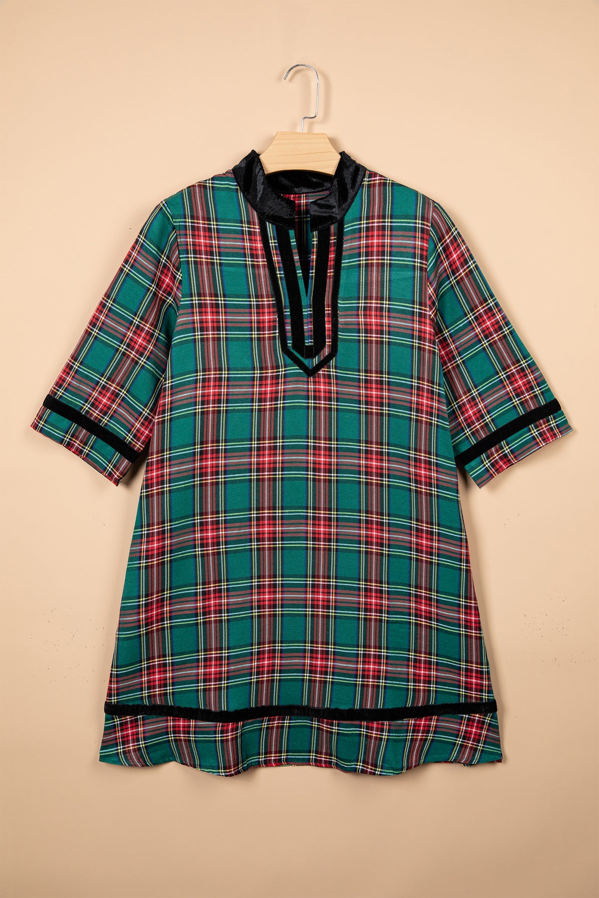Green Plaid Velvet Trim Pockets Short Shift Dress-TOPS / DRESSES-[Adult]-[Female]-2022 Online Blue Zone Planet