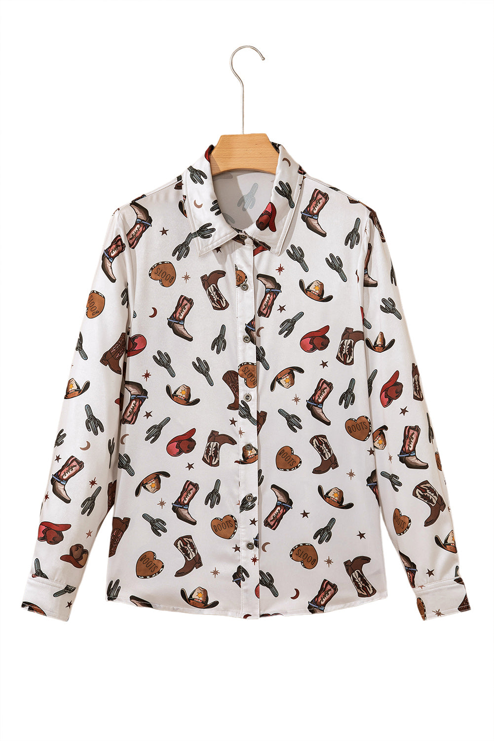 White Western Fashion Print Button Up Casual Shirt-Tops/Blouses & Shirts-[Adult]-[Female]-2022 Online Blue Zone Planet