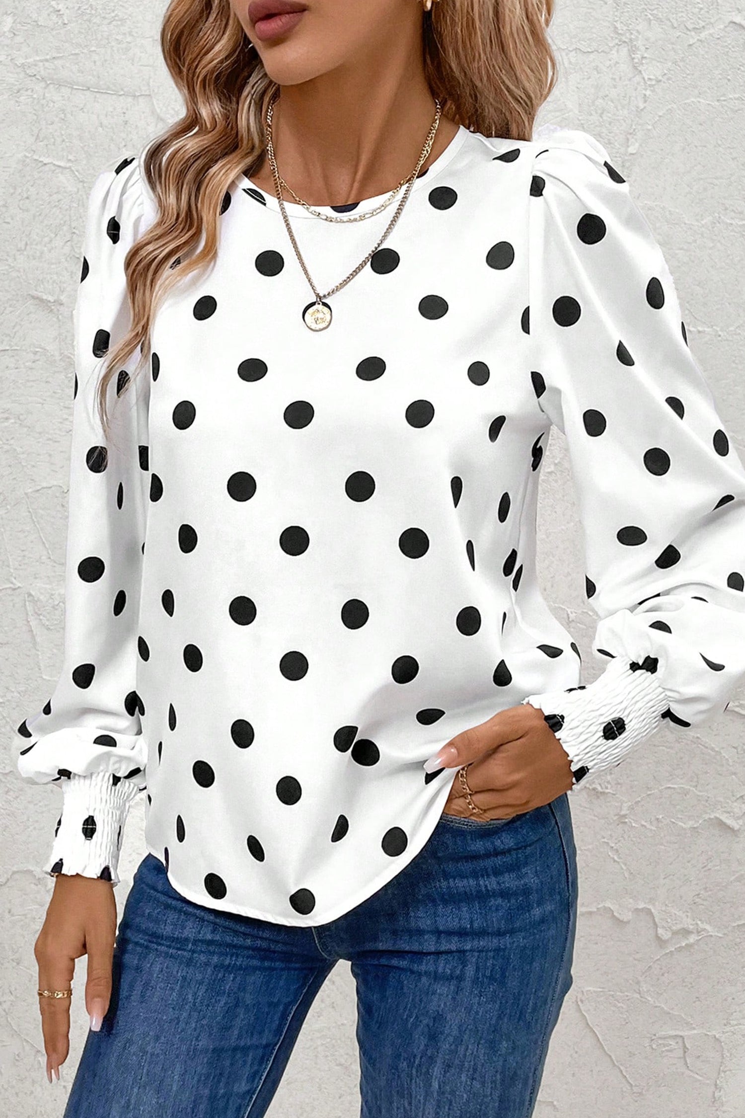 White Polka Dot Print Round Neck Frilled Long Sleeve Blouse-Tops/Blouses & Shirts-[Adult]-[Female]-2022 Online Blue Zone Planet