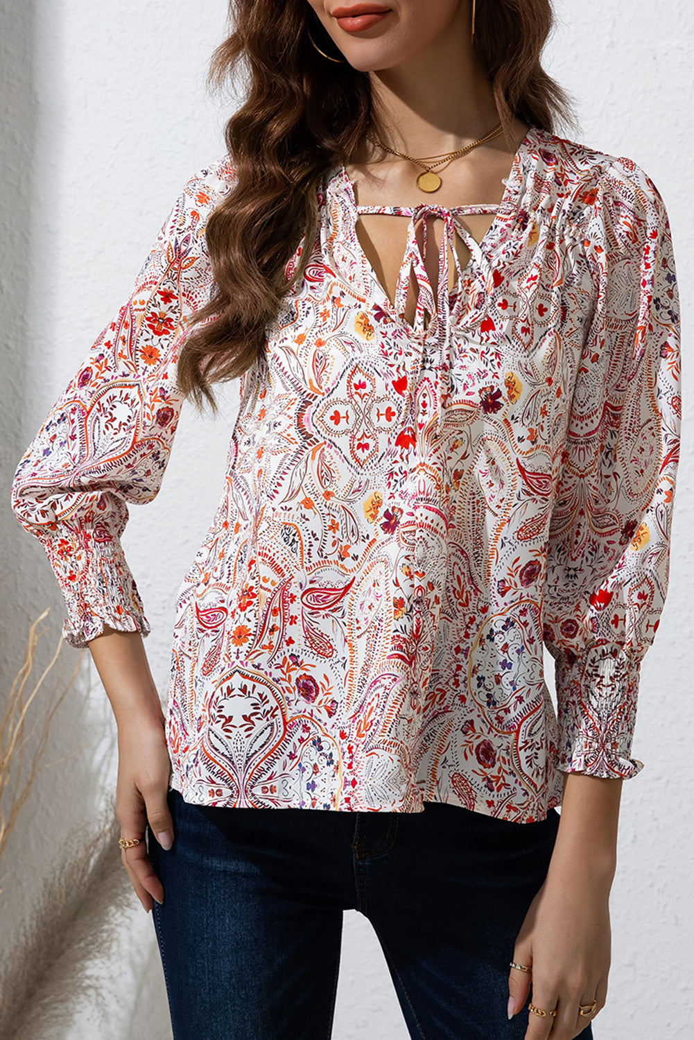 Blue Zone Planet | Printed Tie Neck Long Sleeve Blouse-TOPS / DRESSES-[Adult]-[Female]-2022 Online Blue Zone Planet