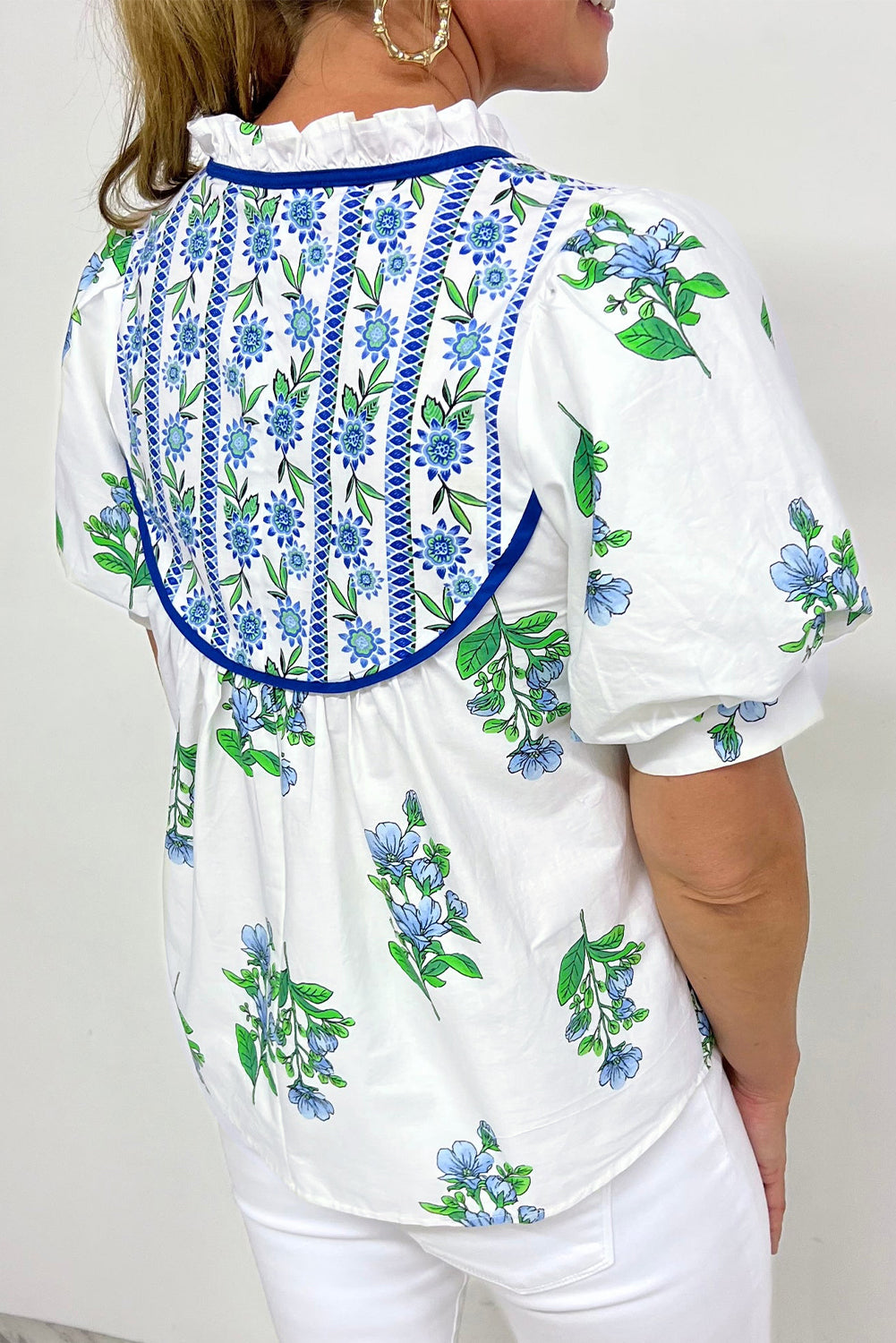 Beige Floral Print Piping Trim Tie Neck Short Sleeve Blouse-Tops/Blouses & Shirts-[Adult]-[Female]-2022 Online Blue Zone Planet