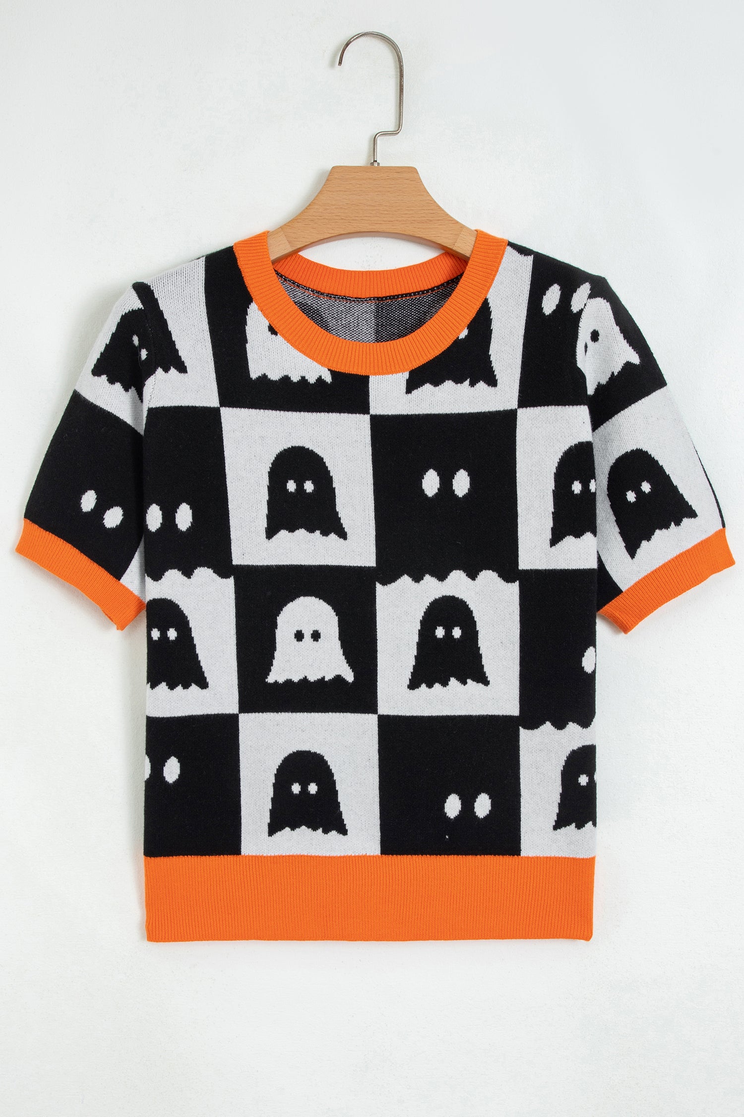 White Geometric Ghost Color Block Trim Short Sleeve Knit Sweater-TOPS / DRESSES-[Adult]-[Female]-2022 Online Blue Zone Planet