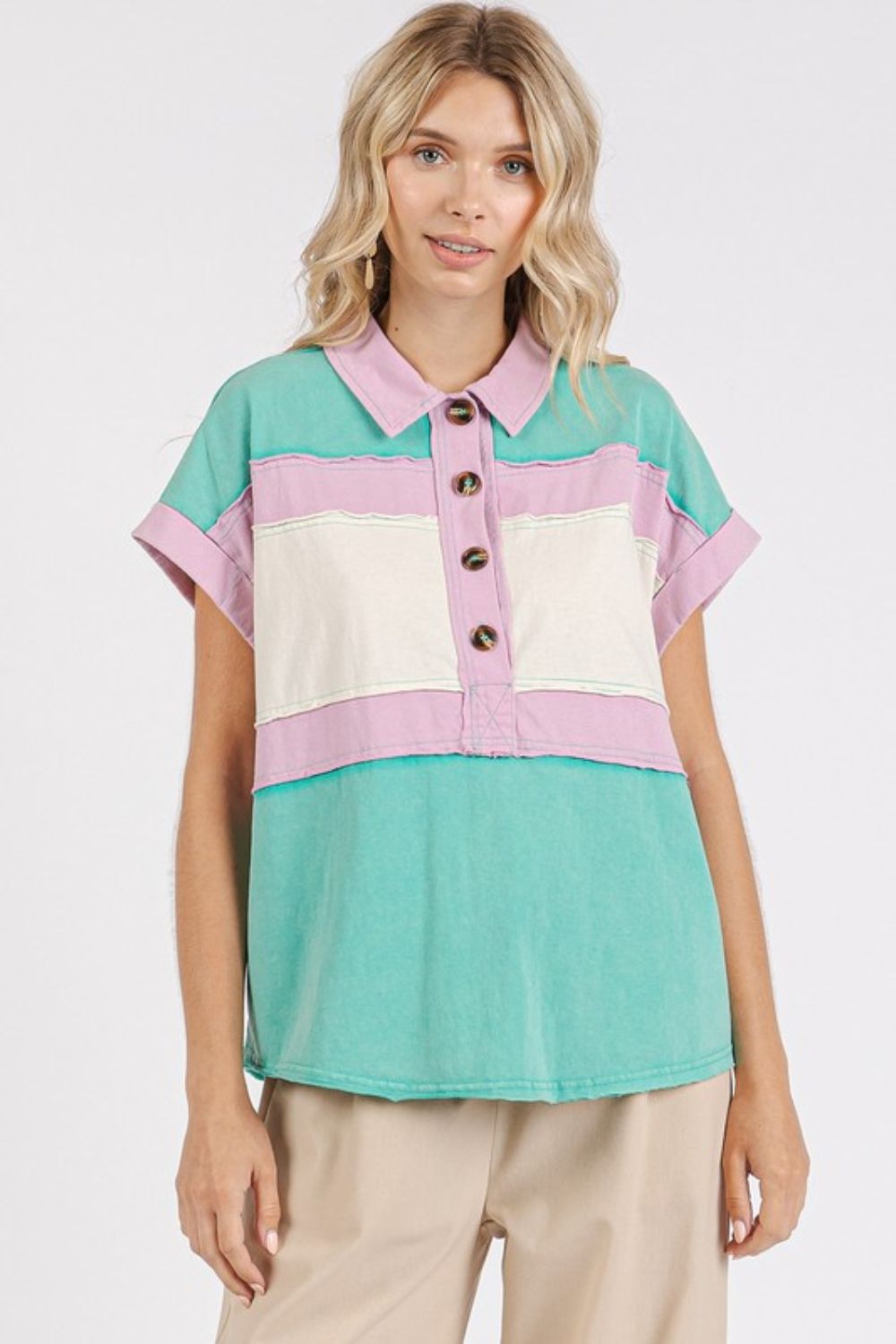 Mittoshop Color Block Henley Short Sleeve Polo Shirt-TOPS / DRESSES-[Adult]-[Female]-2022 Online Blue Zone Planet