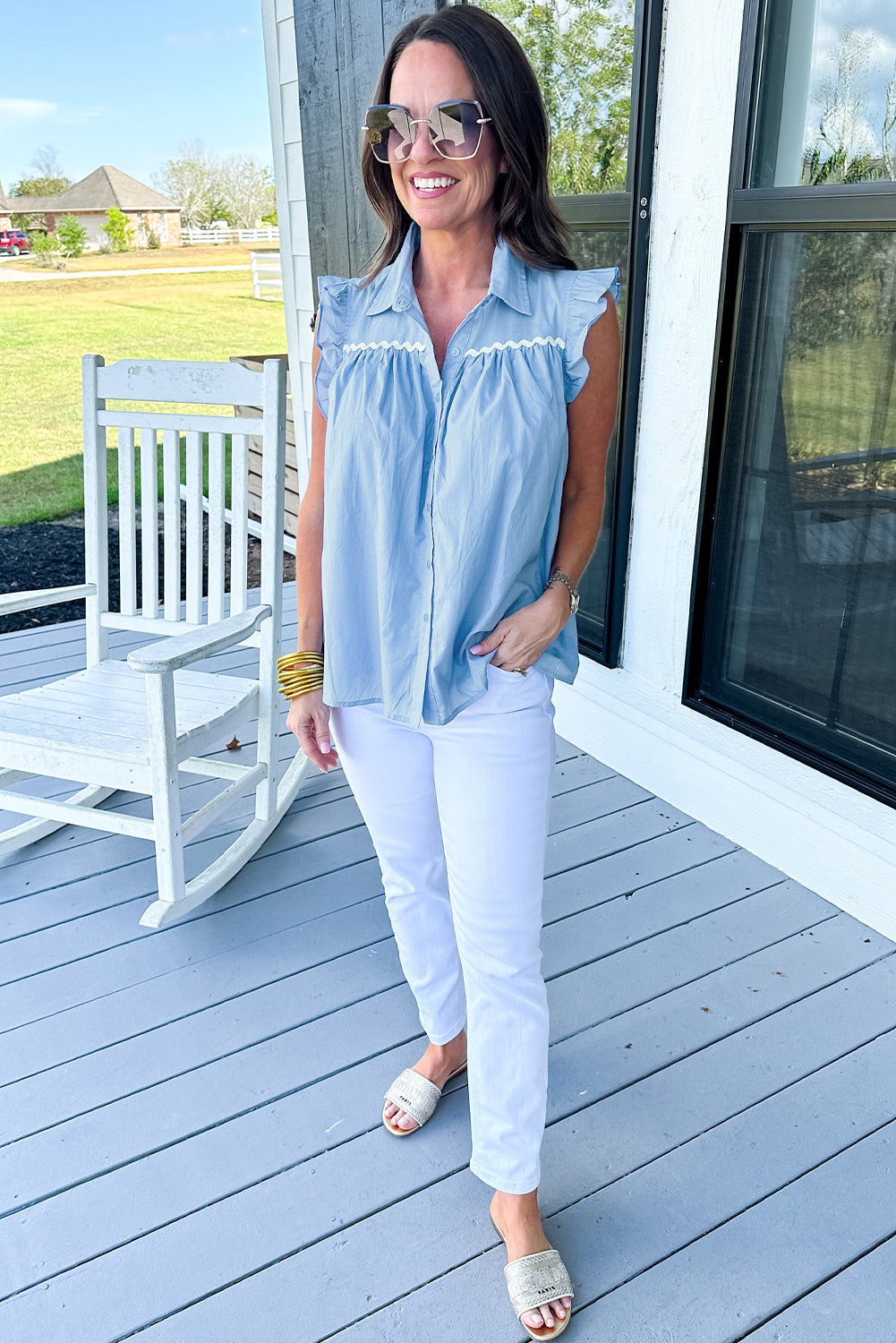 Sky Blue Ric Rac Trim Frilly Sleeveless Shirt-Tops/Blouses & Shirts-[Adult]-[Female]-2022 Online Blue Zone Planet