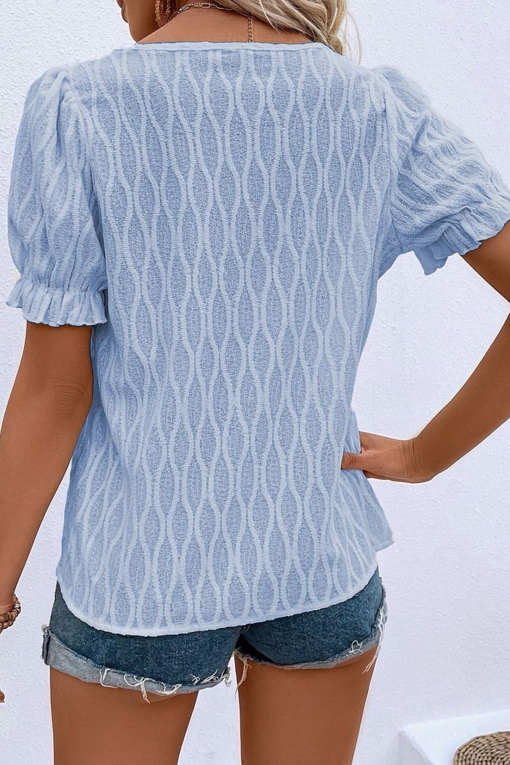 Texture Notched Short Sleeve Blouse-TOPS / DRESSES-[Adult]-[Female]-2022 Online Blue Zone Planet