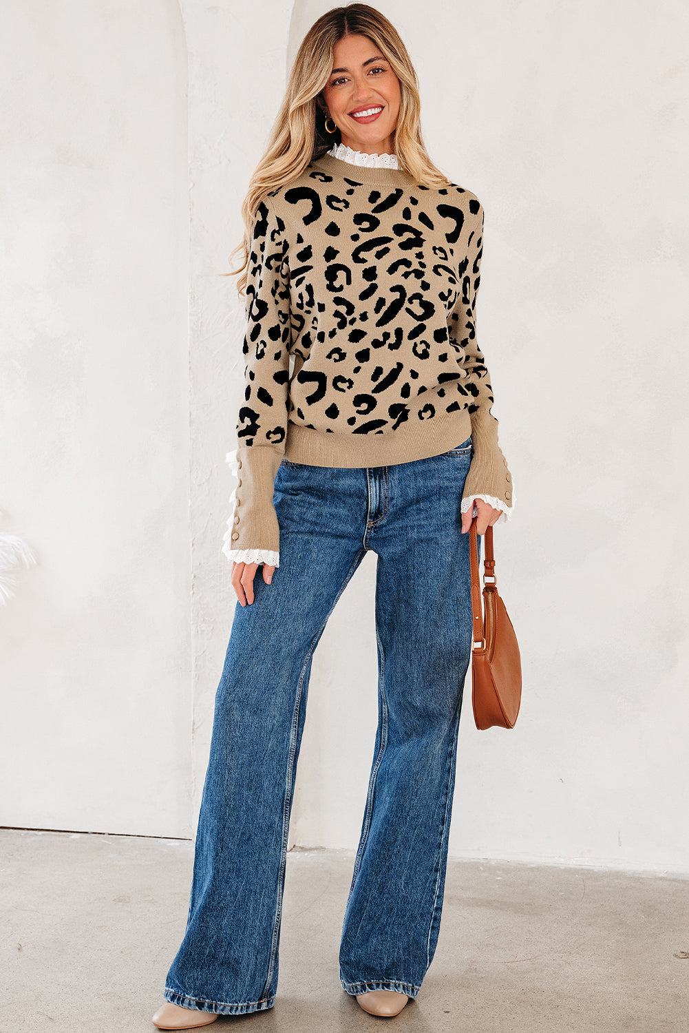 Brown Leopard Pattern Lace Ribbed Detail Button Cuffed Sweater-TOPS / DRESSES-[Adult]-[Female]-2022 Online Blue Zone Planet