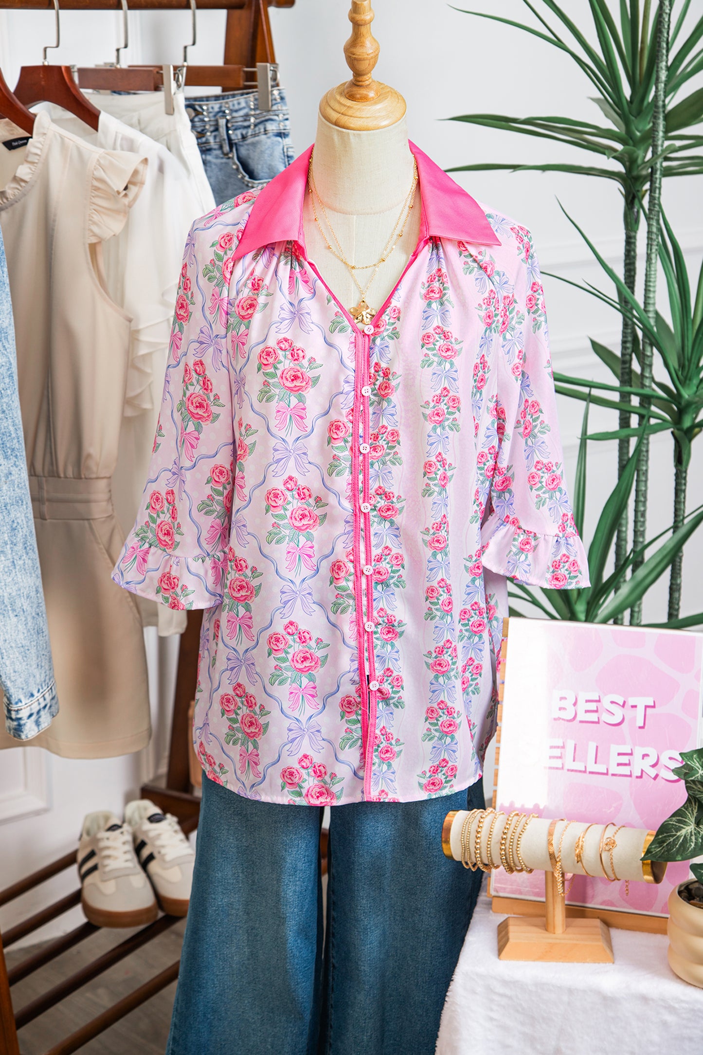 Purple Floral Collared Ruffled Half Sleeve Shirt-Tops/Blouses & Shirts-[Adult]-[Female]-2022 Online Blue Zone Planet
