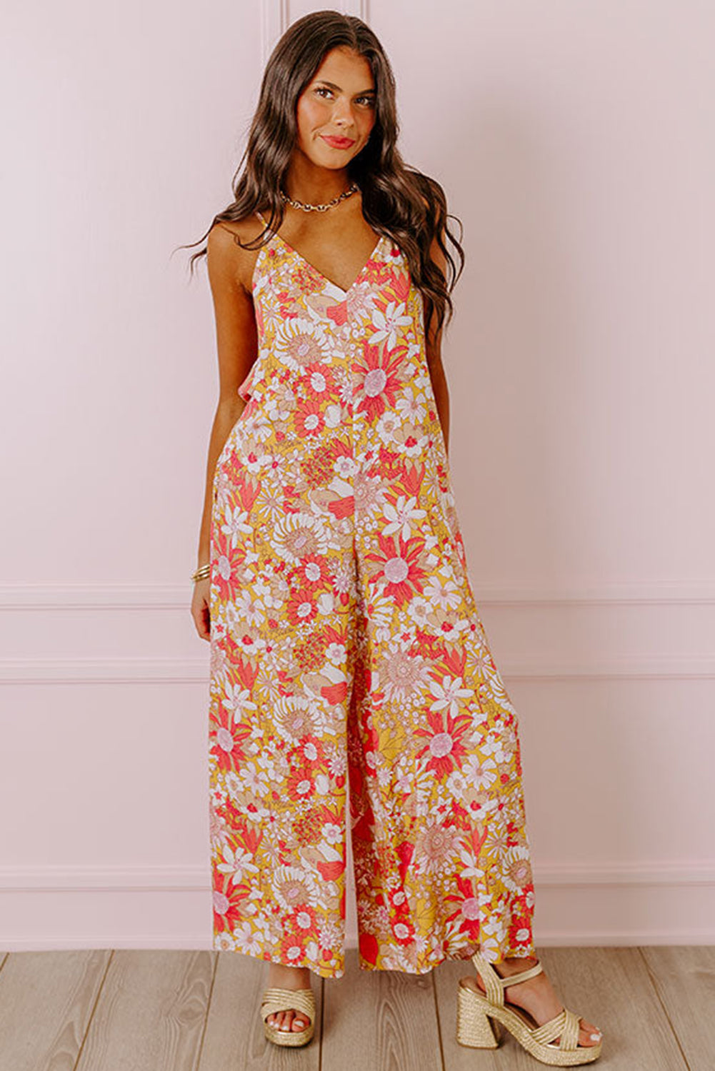 Orange Floral V Neck Wide Leg Sleeveless Jumpsuit