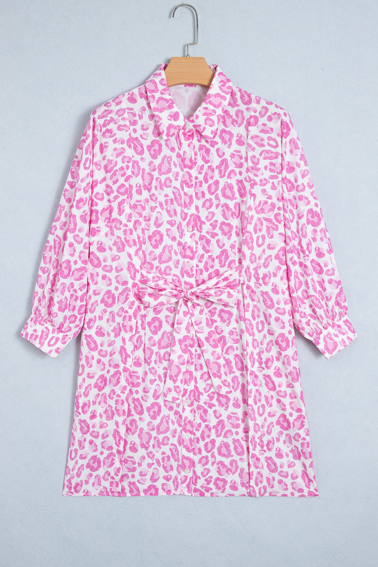 Pink Abstract Leopard Print Tie Waist Puff Sleeve Mini Shirt Dress-TOPS / DRESSES-[Adult]-[Female]-2022 Online Blue Zone Planet
