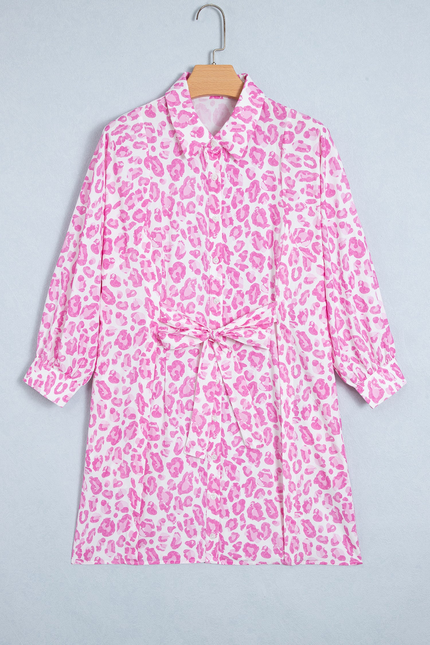 Pink Abstract Leopard Print Tie Waist Puff Sleeve Mini Shirt Dress-TOPS / DRESSES-[Adult]-[Female]-2022 Online Blue Zone Planet