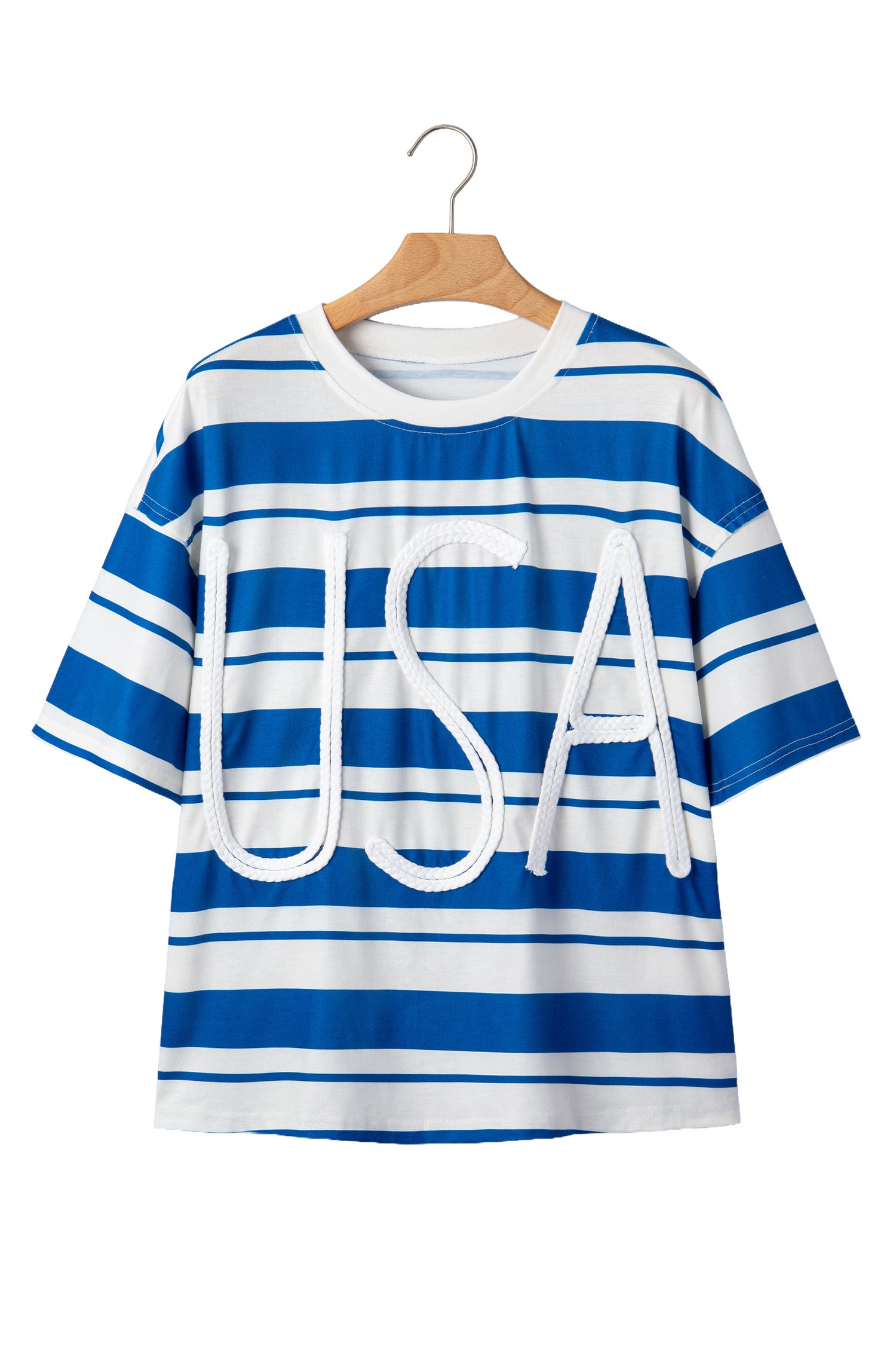 Blue Stripe Usa Graphic Drop Shoulder Half Sleeve Loose T Shirt-Tops/Tops & Tees-[Adult]-[Female]-2022 Online Blue Zone Planet