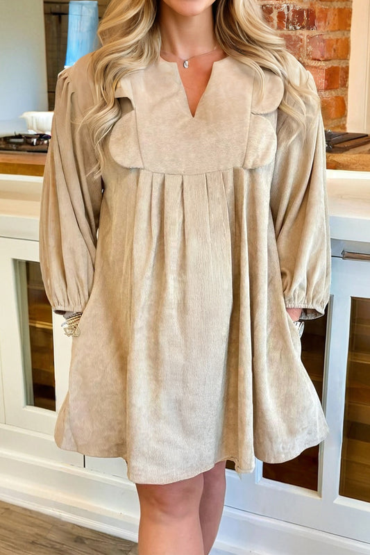 Parchment Notched Neck Scallop Detail Plus Size Mini Dress-TOPS / DRESSES-[Adult]-[Female]-Parchment-1X-2022 Online Blue Zone Planet