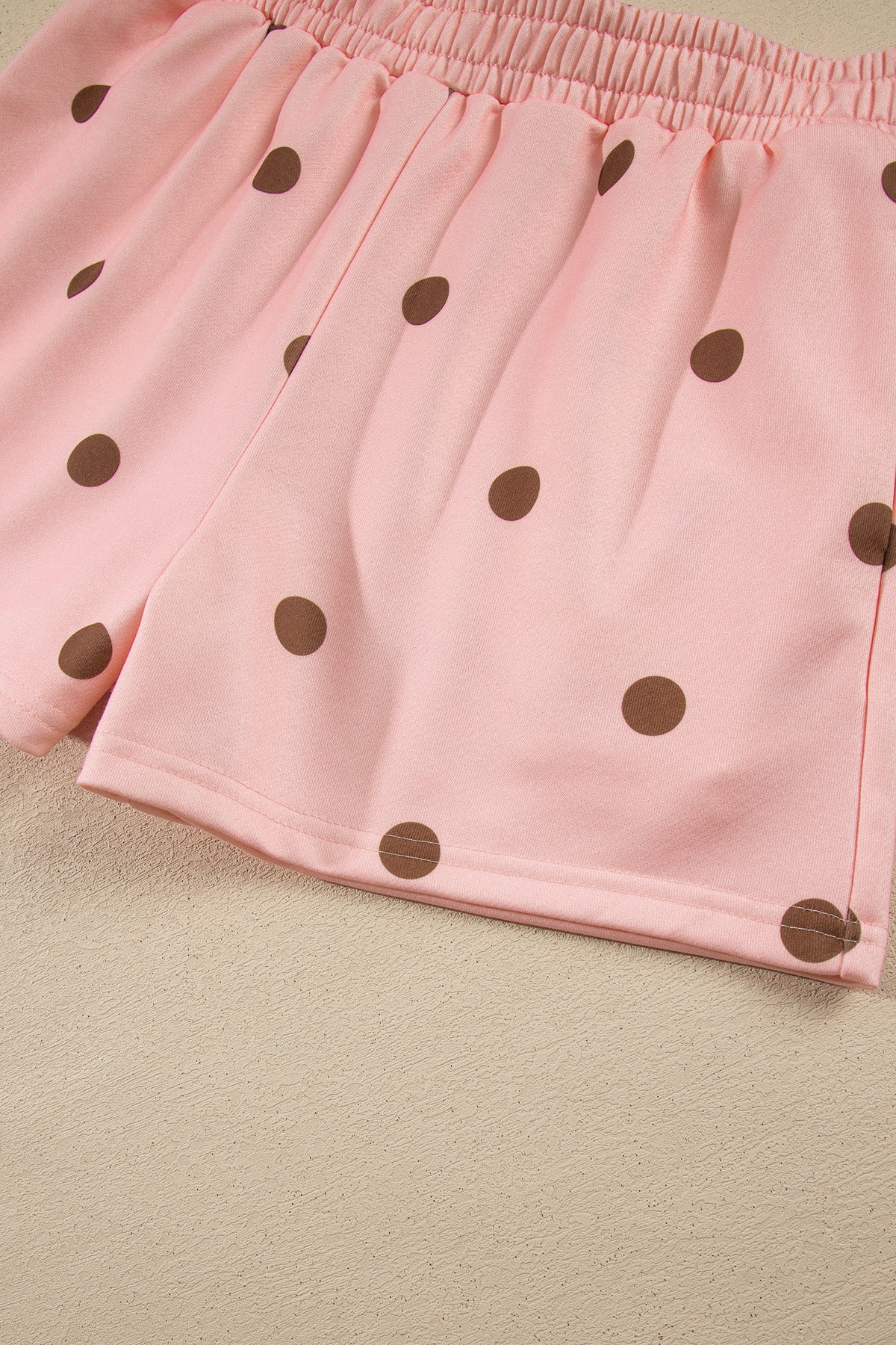 Brown Polka Dot Ribbed Trim Long Sleeve Top Casual Short Set-Two Piece Sets/Short Sets-[Adult]-[Female]-2022 Online Blue Zone Planet