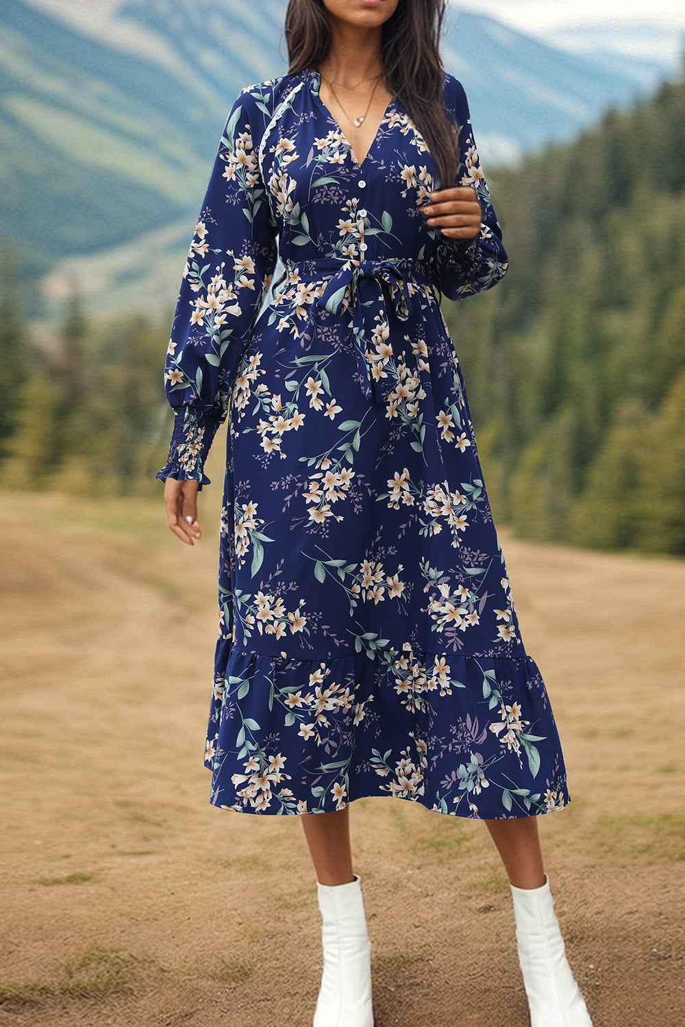 Blue Planet | Printed Notched Lantern Sleeve Midi Dress - Blue Blue Zone Planet Blue Planet | Printed Notched Lantern Sleeve Midi Dress - Blue Blue Zone Planet