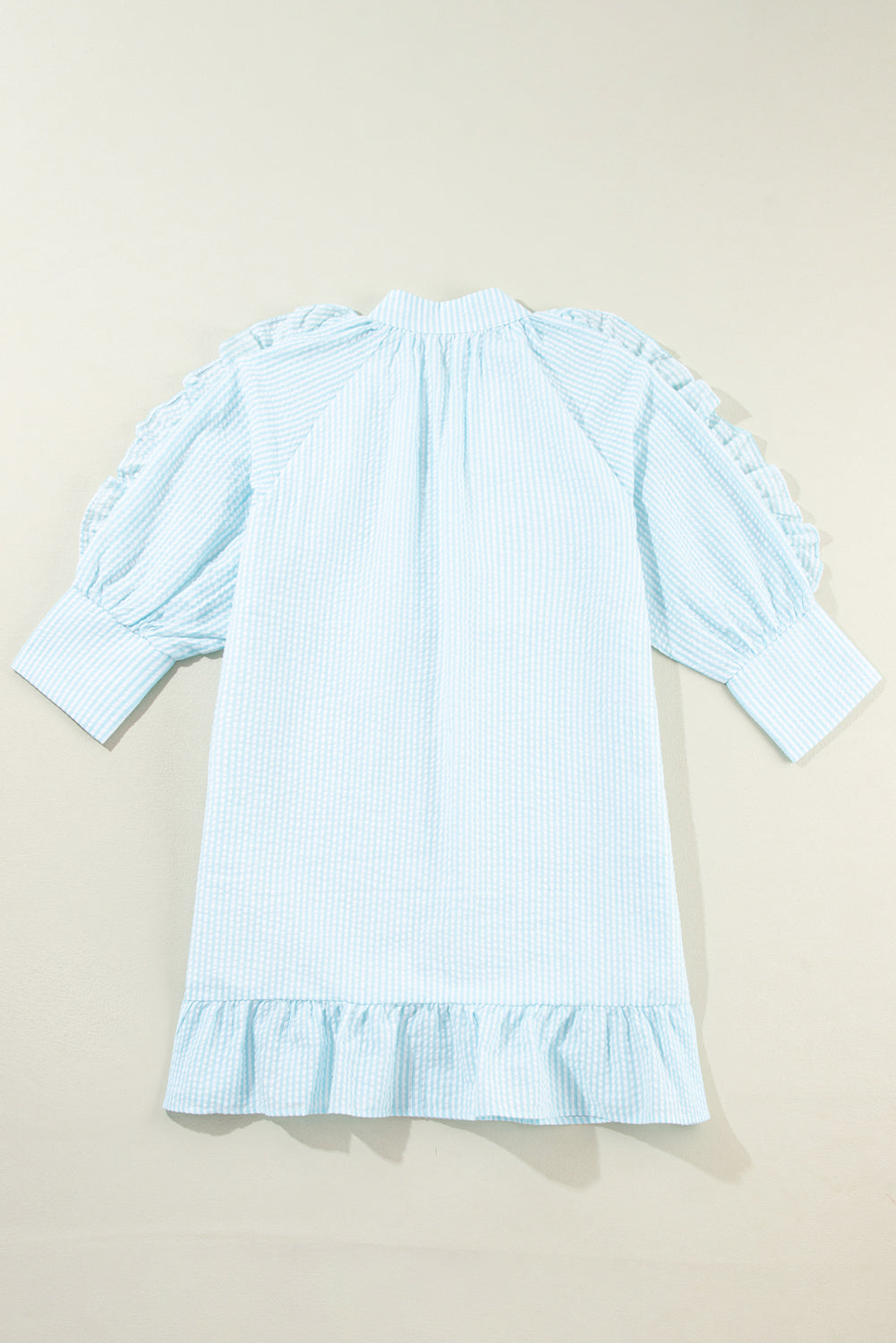 Blue Zone Planet | Myosotis Seersucker Ruffled Puff Sleeve Stand Neck Mini Dress-TOPS / DRESSES-[Adult]-[Female]-2022 Online Blue Zone Planet