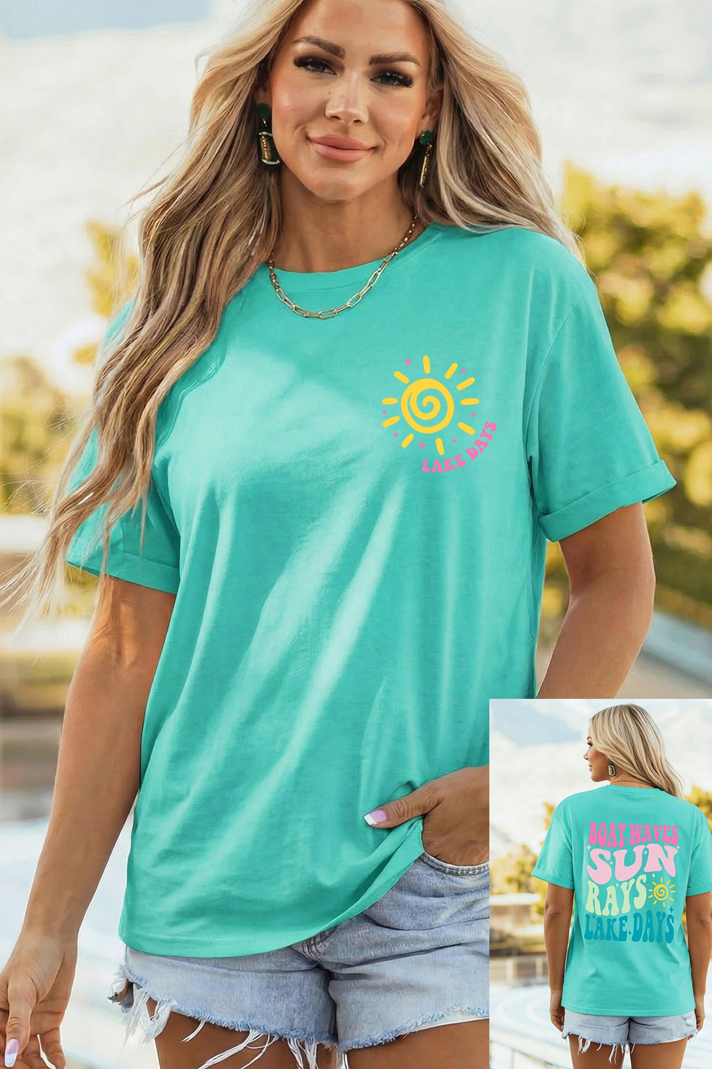 Mint Green LAKE DAYS Double Side Printed Vacation T Shirt-Graphic/Graphic Tees-[Adult]-[Female]-Mint Green-S-2022 Online Blue Zone Planet