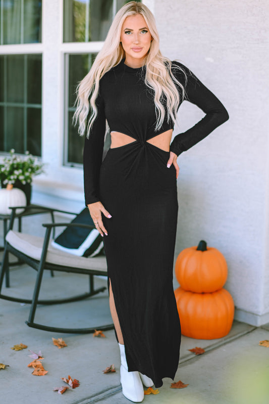 Blue Zone Planet | Black Ribbed Twist Cutout Long Sleeve Dress-TOPS / DRESSES-[Adult]-[Female]-Black-S-2022 Online Blue Zone Planet