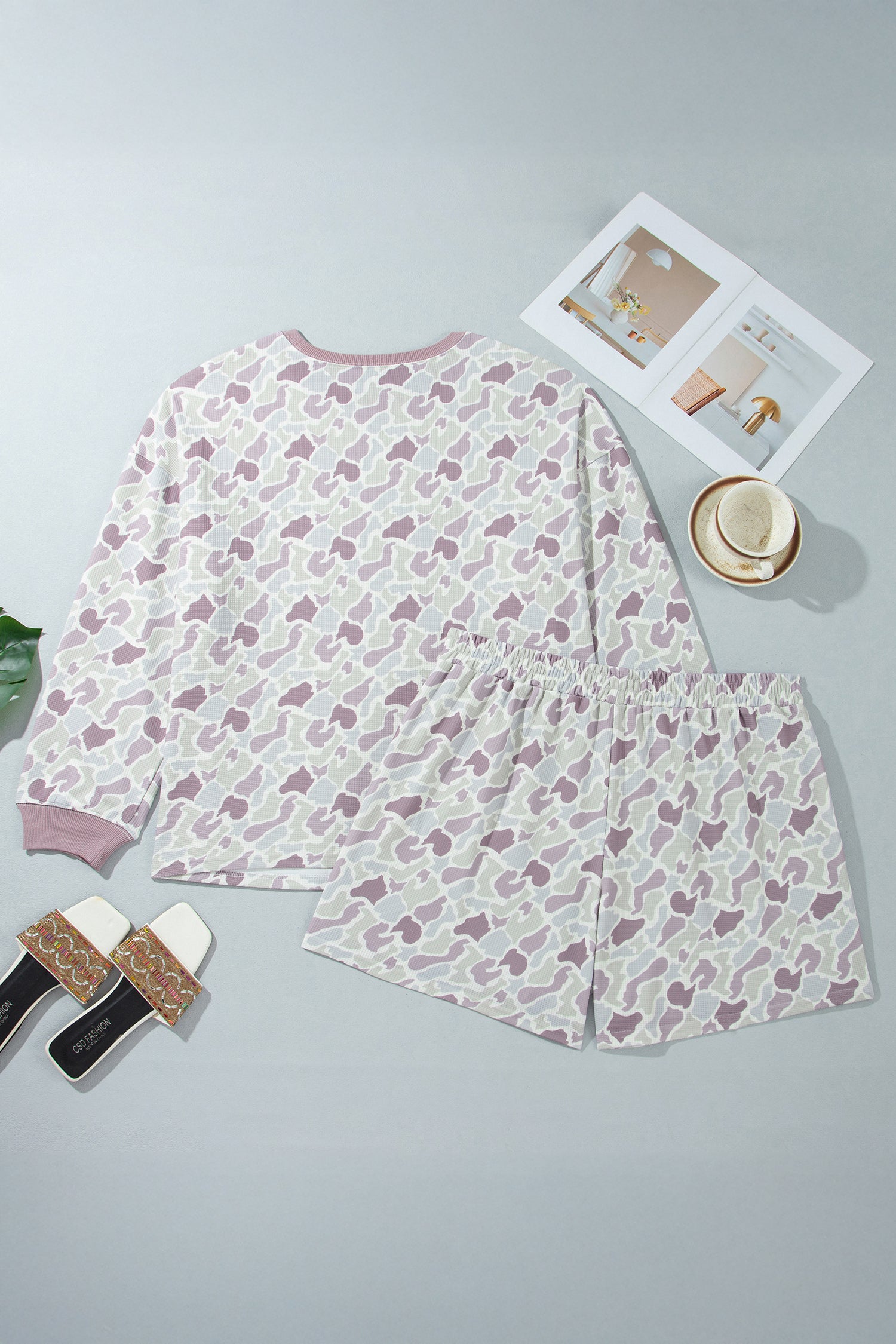 Green Camouflage Print Waffle Textured Pullover and Shorts Plus Size 2pcs Set-Plus Size/Plus Size Loungewear-[Adult]-[Female]-2022 Online Blue Zone Planet