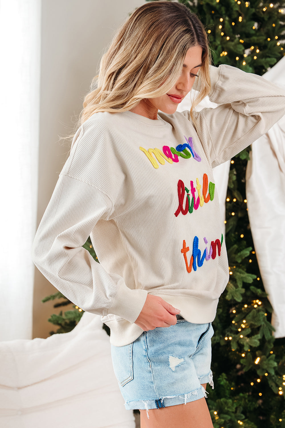Beige Merry Little Thing Corded Letter Graphic Ribbed Loose Sweatshirt-Tops/Sweatshirts & Hoodies-[Adult]-[Female]-2022 Online Blue Zone Planet