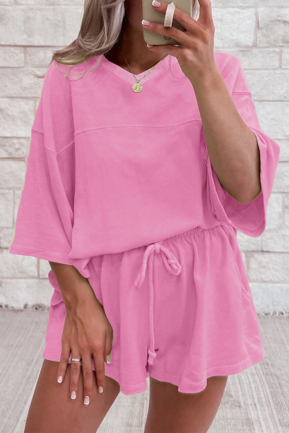 Bonbon Solid Loose V Neck Half Sleeve Tee and Shorts-Two Piece Sets/Short Sets-[Adult]-[Female]-Bonbon-S-2022 Online Blue Zone Planet