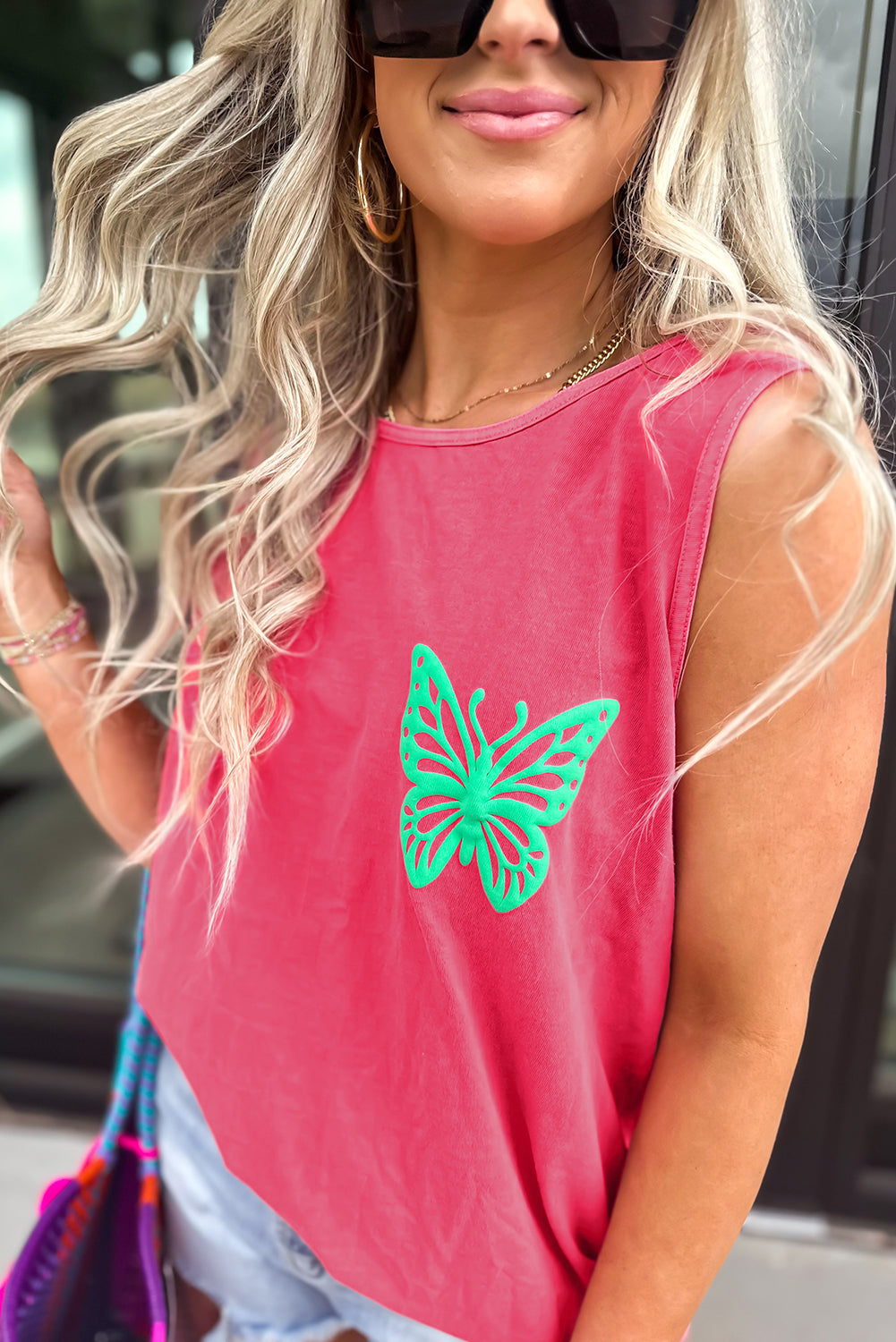 Sachet Pink Butterfly Graphic Casual Tank Top-Tops/Tank Tops-[Adult]-[Female]-2022 Online Blue Zone Planet