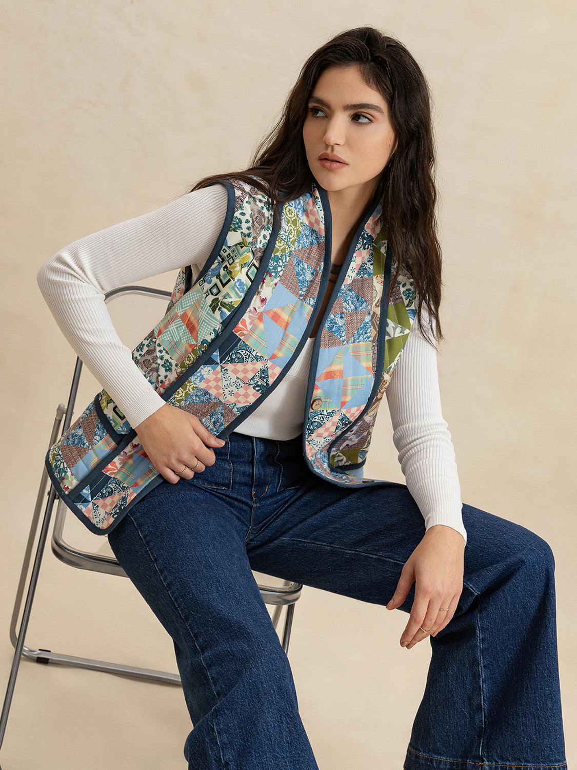 Printed Patchwork Contrast Piping Vest-TOPS / DRESSES-[Adult]-[Female]-2022 Online Blue Zone Planet
