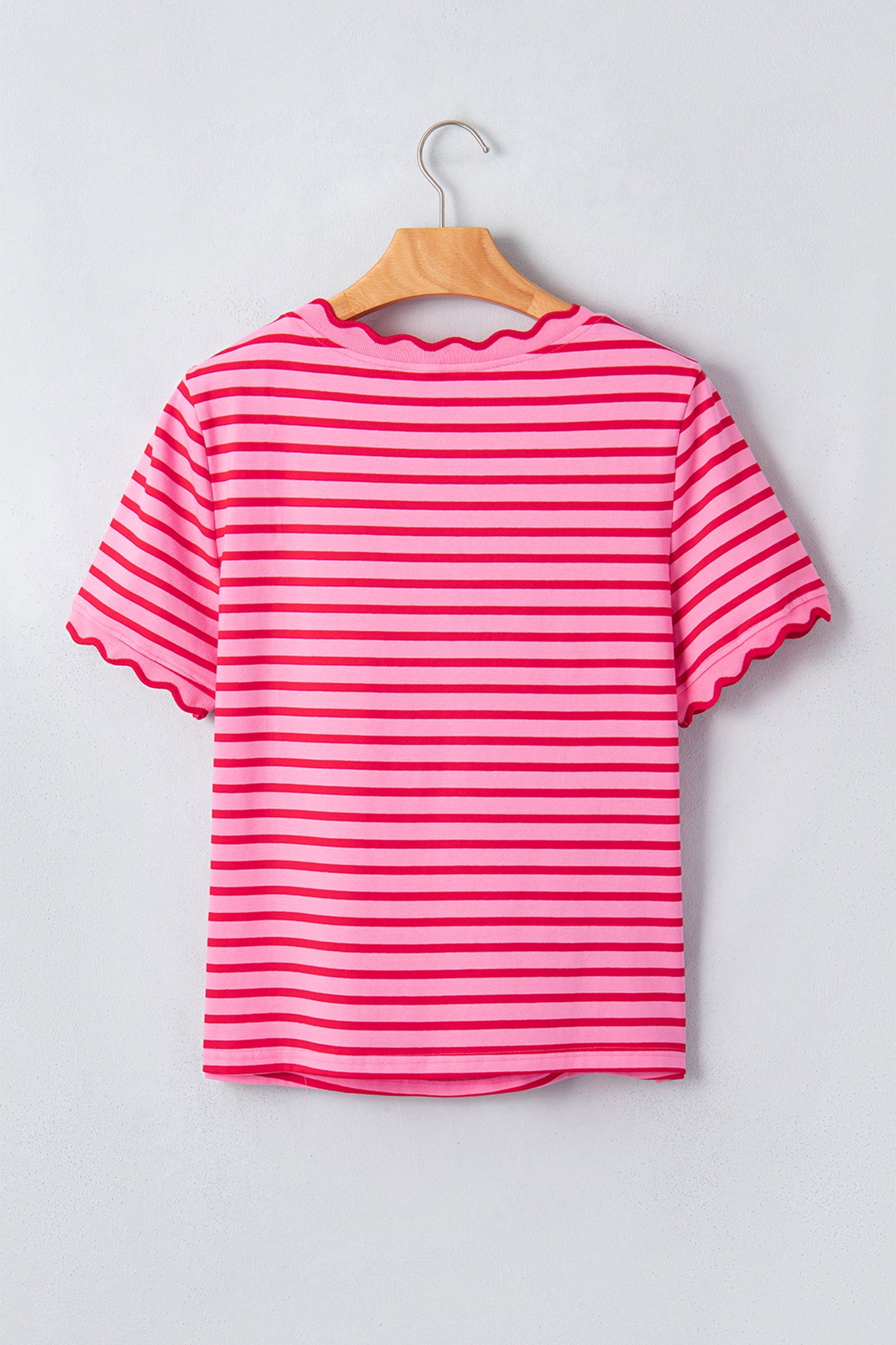 Pink Stripe Scalloped Trim Round Neck T Shirt-Tops/Tops & Tees-[Adult]-[Female]-2022 Online Blue Zone Planet