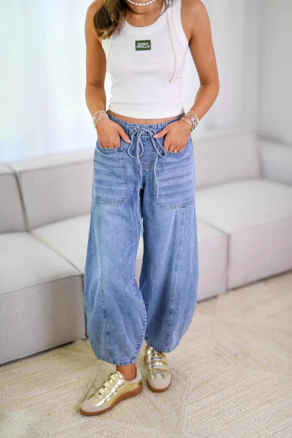 Drawstring Jeans with Pockets-BOTTOM SIZES SMALL MEDIUM LARGE-[Adult]-[Female]-Light-S-2022 Online Blue Zone Planet
