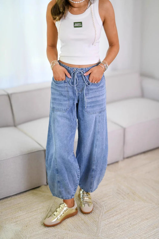 Drawstring Jeans with Pockets-BOTTOM SIZES SMALL MEDIUM LARGE-[Adult]-[Female]-Light-S-2022 Online Blue Zone Planet