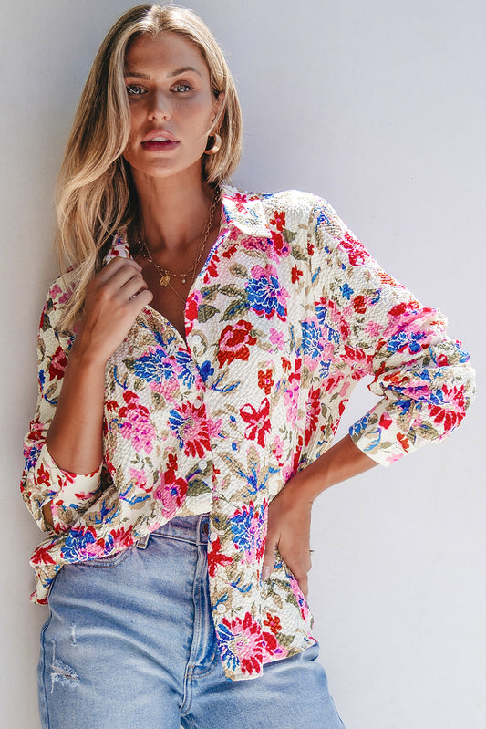 Red Floral Print Slim Fit Buttoned Turn Down Collar Shirt-Tops/Blouses & Shirts-[Adult]-[Female]-Red-S-2022 Online Blue Zone Planet