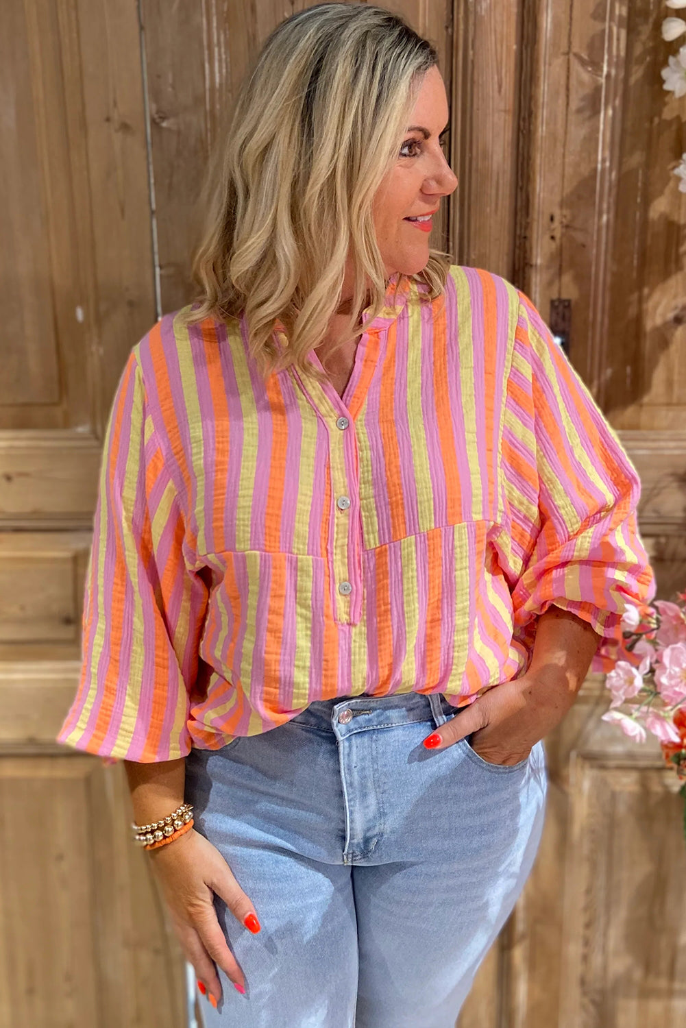 Pink Stripe Crinkled Half Buttons V Neck Plus Size Blouse-Plus Size/Plus Size Tops/Plus Size Blouses & Shirts-[Adult]-[Female]-2022 Online Blue Zone Planet