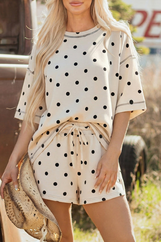 White Exposed Seam Detail Polka Dot Loose Tee Drawstring Shorts Set-Two Piece Sets/Short Sets-[Adult]-[Female]-White-S-2022 Online Blue Zone Planet