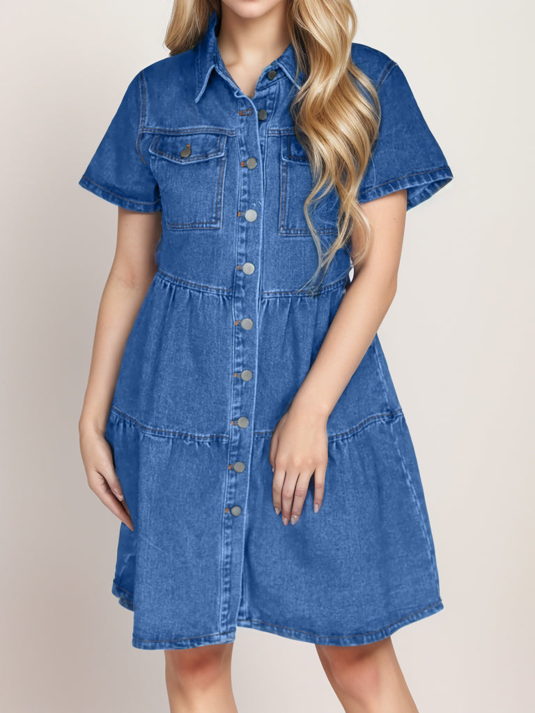 Button Up Short Sleeve Denim Dress-TOPS / DRESSES-[Adult]-[Female]-Medium-S-2022 Online Blue Zone Planet