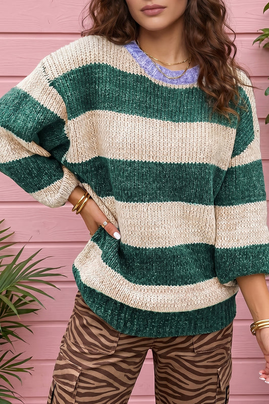 Green Stripe Striped Colorblock Drop Shoulder Pullover Sweater-TOPS / DRESSES-[Adult]-[Female]-Green Stripe-S-2022 Online Blue Zone Planet