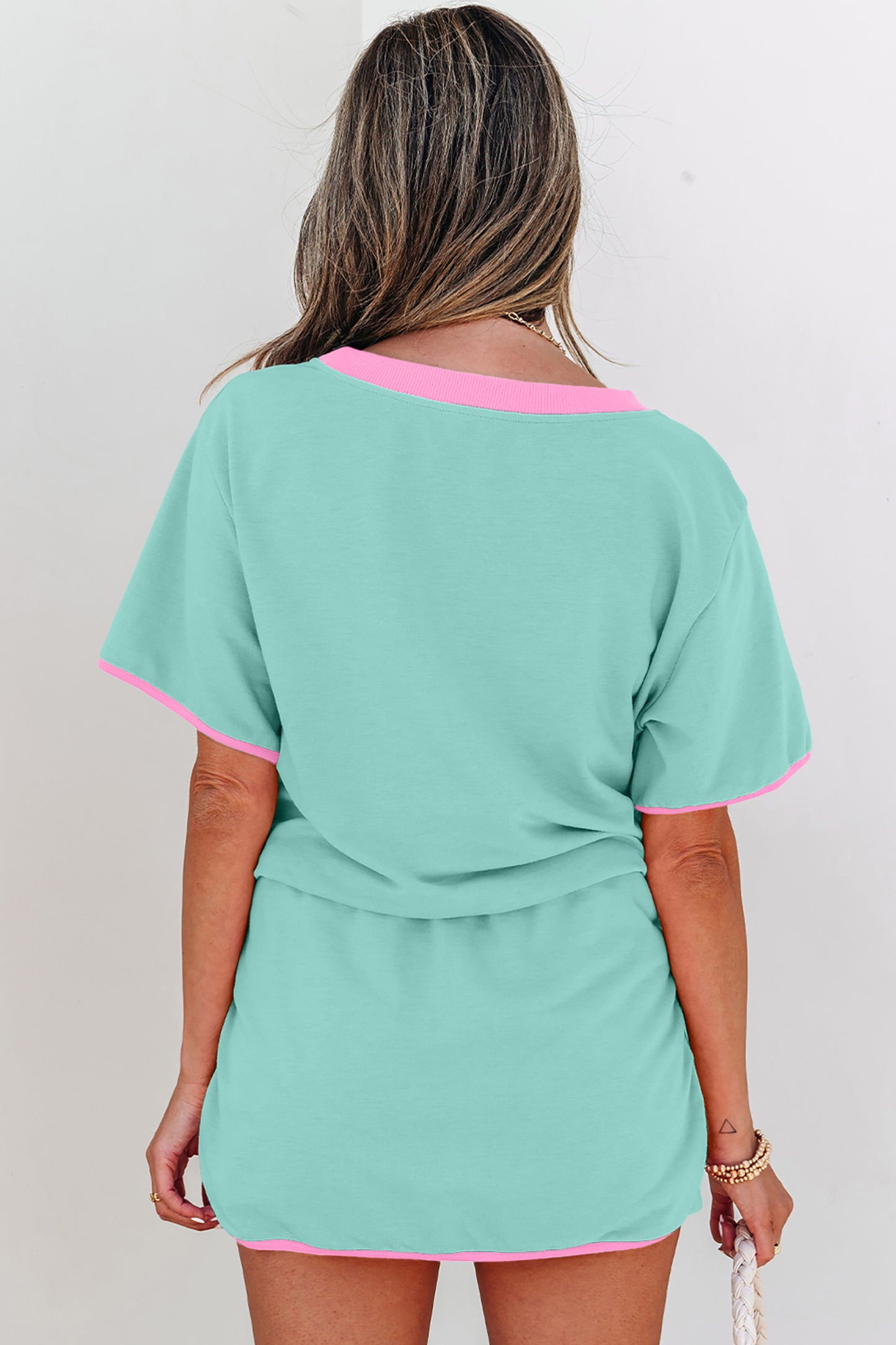 Apricot Colorblock Edge Drop Shoulder T Shirt and Skort 2Pcs Set-Two Piece Sets/Two Piece Dresses-[Adult]-[Female]-2022 Online Blue Zone Planet